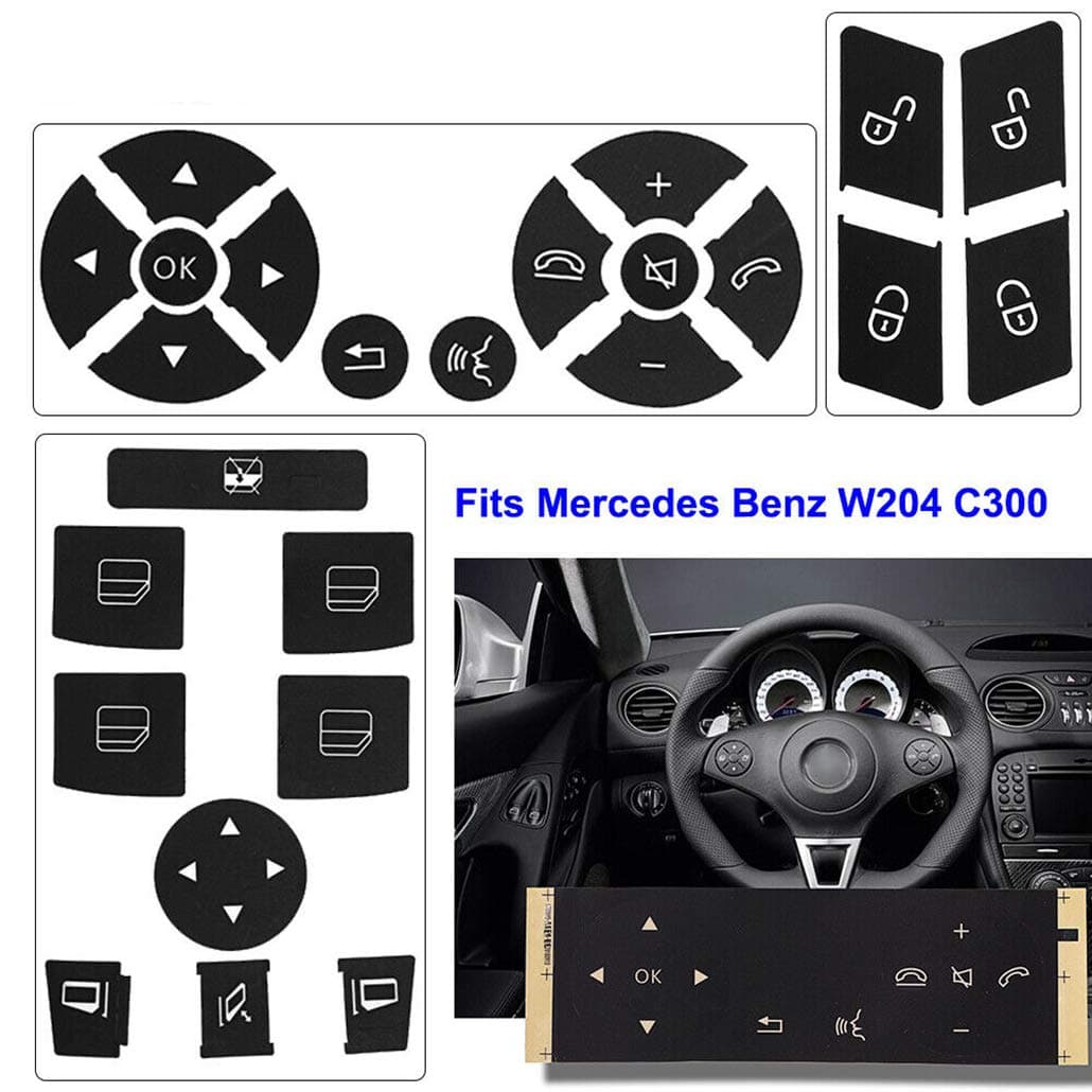 Car Interior Button Stickers Kit Steering Wheel Door Lock Window Switch Button Repair Decals Fit for 2008-2014 Mercedes Benz W204 C250 C350 E-Class W-Class Stickers Accessories