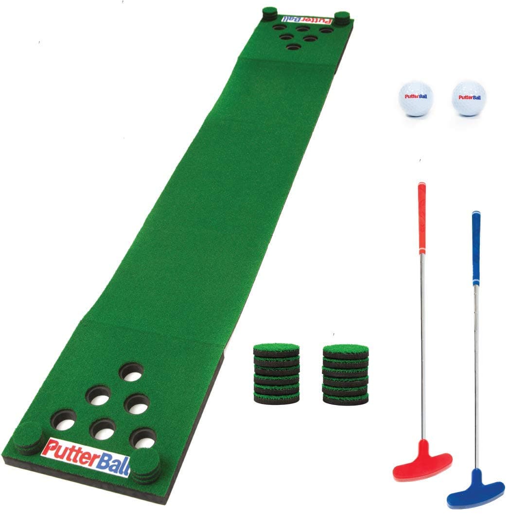 PutterBall Original - Includes 2 Putters, 2 Golf Balls, Green Putting Pong Mat & Golf Hole Covers - Best Backyard Party Game Set