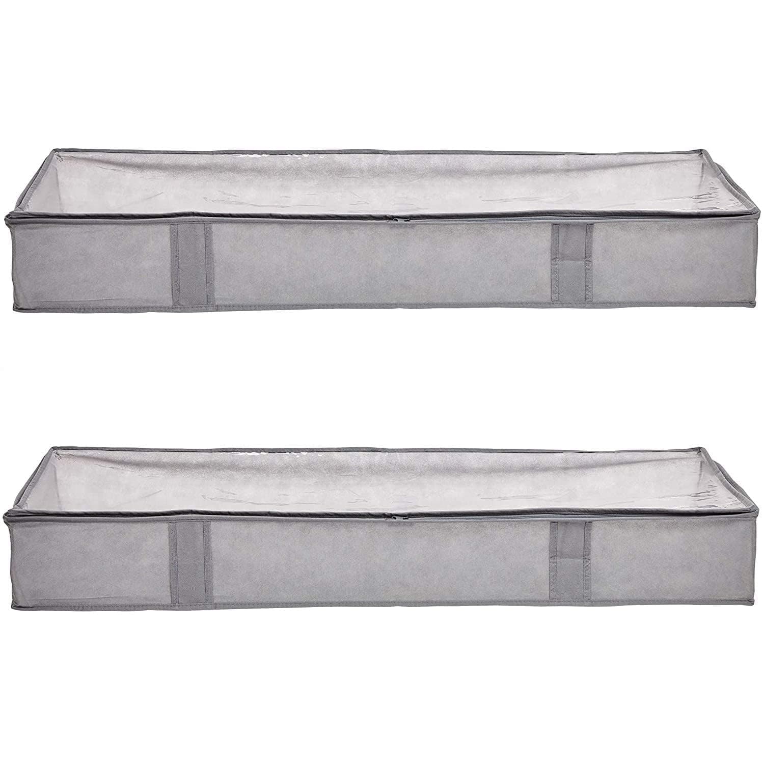 Under Bed Fabric Zipper Blanket Storage Container Bags with Window and Handles, 2-Pack, 18 x 42 x 6 inches, Gray