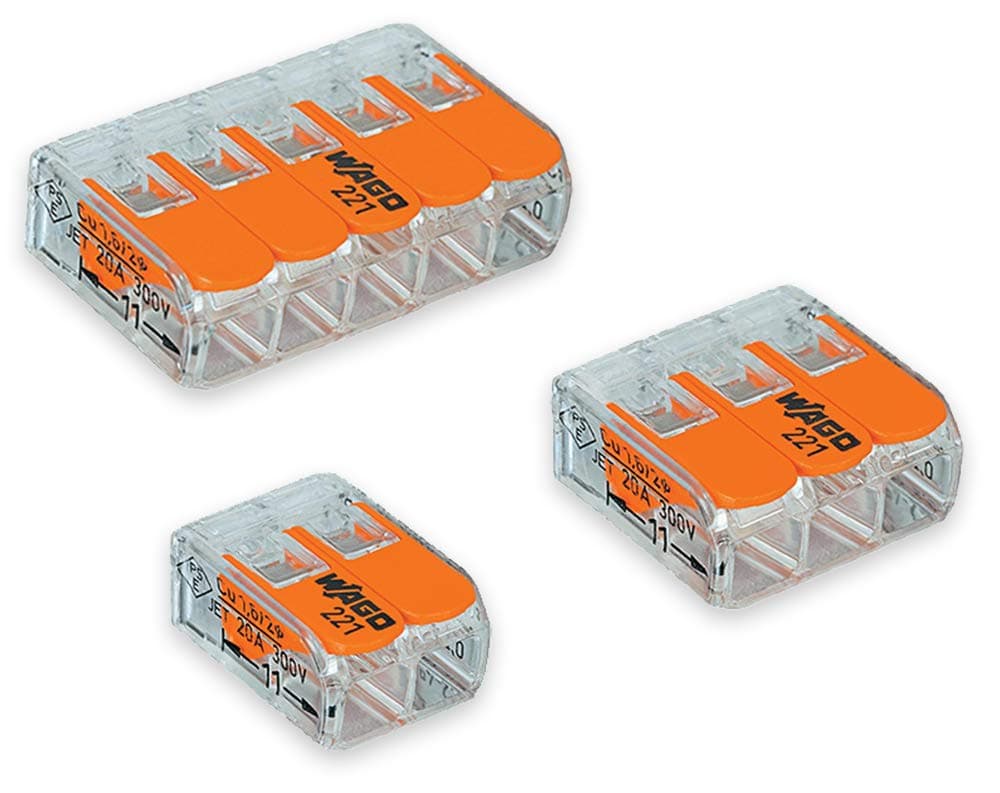 221 Splicing Connector, Lever-Nut Assortment Pocket Pack, 65 Contacts, 5 Poles, 10 Positions, 12-24 AWG, Red, Plastic, Clamp Connector, 32A, 450V DC, Made in Germany