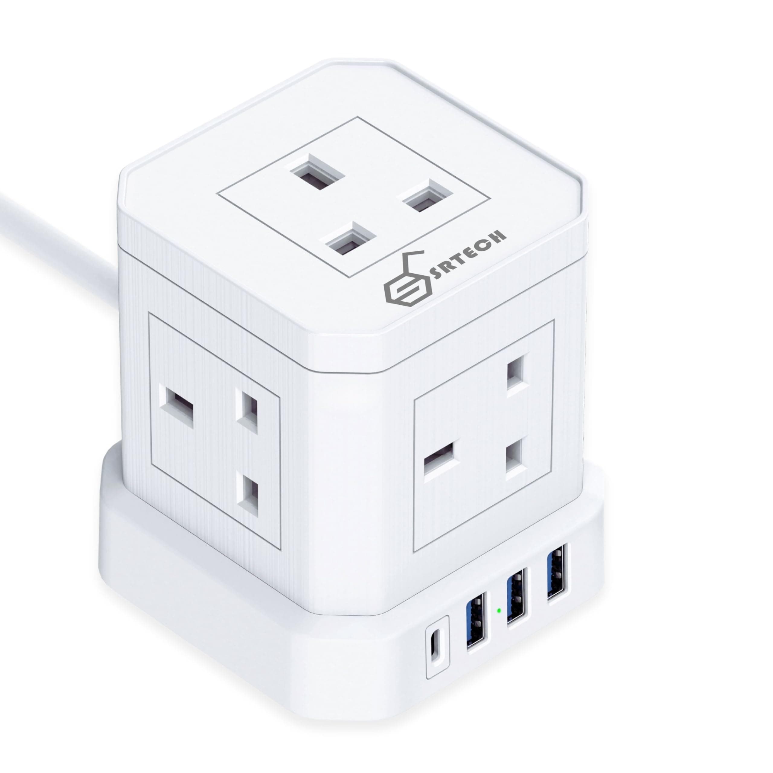 SRTECH 5m Extension Cord White, Multi-Outlet Power Extension Cable Socket, Cube Tower Charging Station, Power Adapter with 1× PD USB-C and 3× USB-A Ports, Durable Safe Electricity Multi-Plug