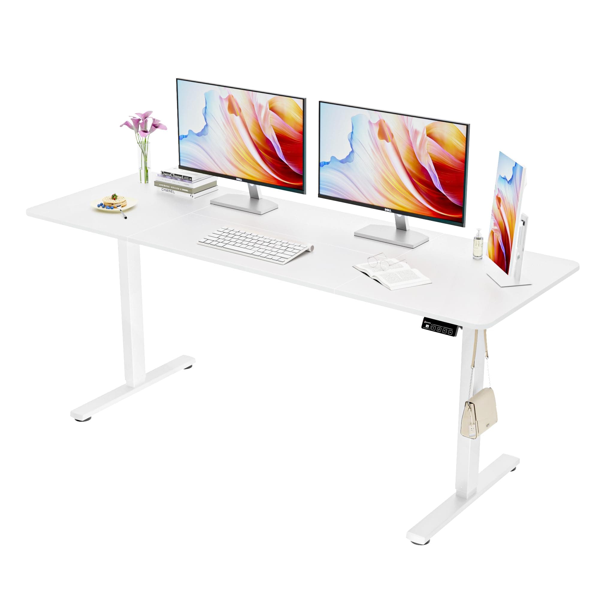ERGOMAKER Electric Standing Desk, 67" x 23.6" Height Adjustable Sit Stand Desk with Splice Board for Home Office, Computer Table Memory Preset (White Frame, White Desktop)