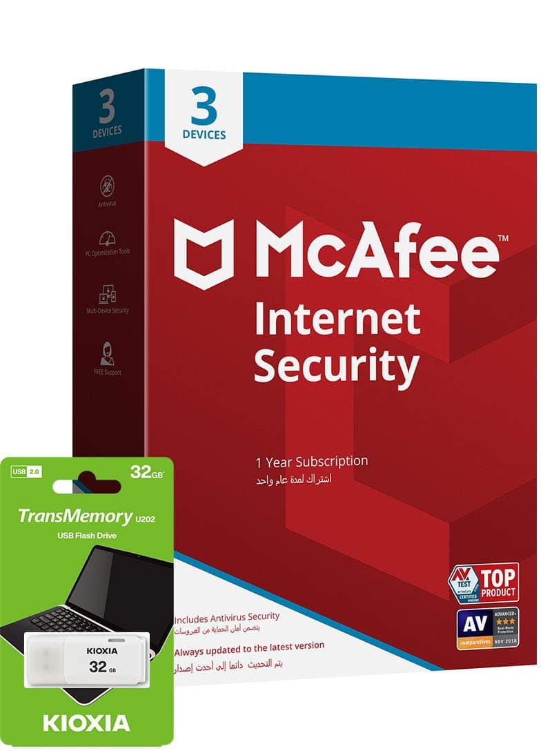 McAfee Internet Security | 3 Devices | 1 Year | Free 32GB Kioxia USB Flash Drive