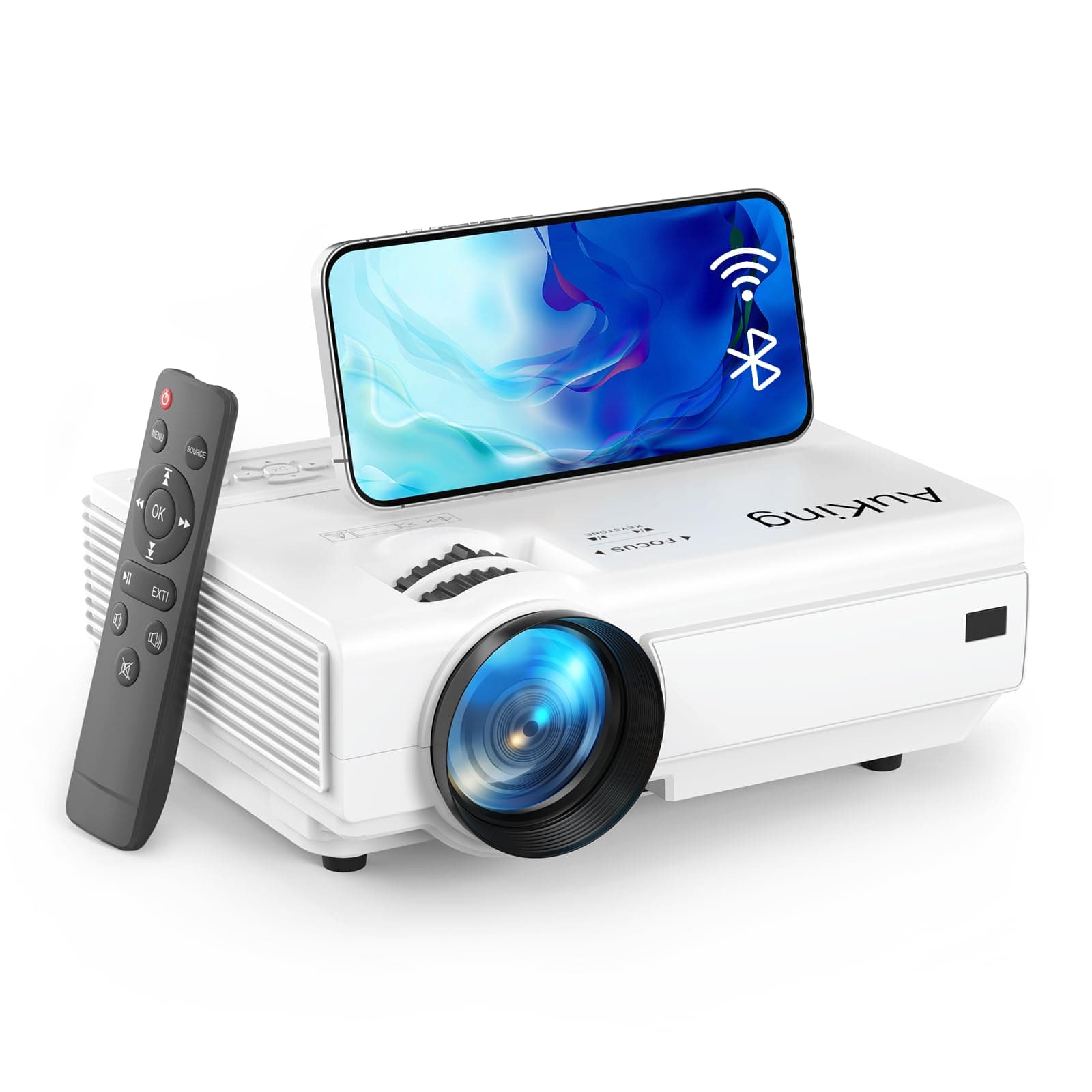 AuKing Projector with WiFi and Bluetooth, 2024 Upgraded Mini Projector, Full HD 1080P Home Theater Video Projector, Compatible with HDMI/USB/VGA/AV/Smartphone/TV Box/Laptop