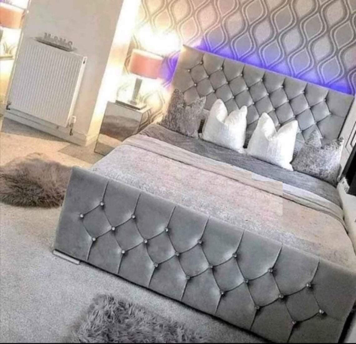 ATN Diamante Upholstered Bed Frame Single/Double/King Size in Soft Plush Fabric (Mustard Plush Fabric, 3ft Single)