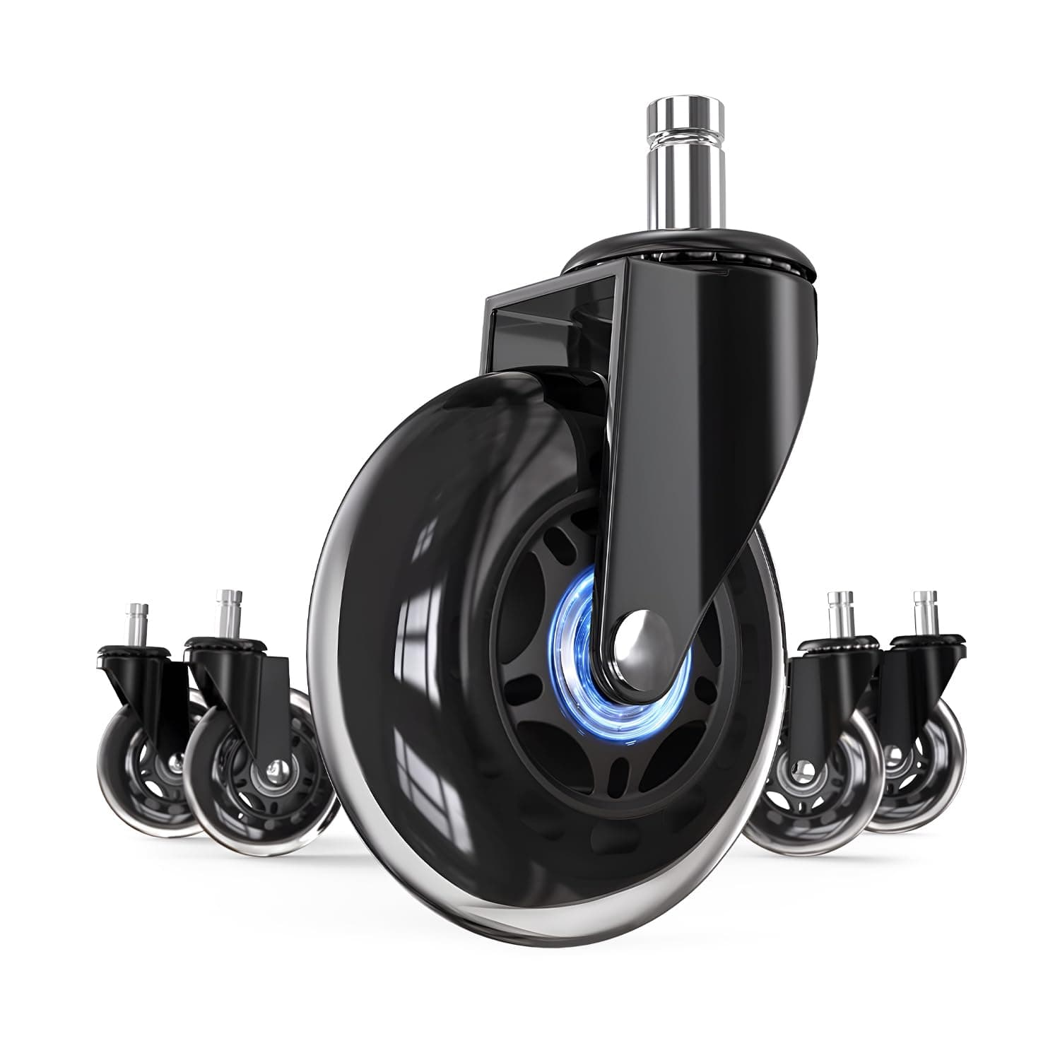 Corvids 3-Inch Universal Fit Single Caster Wheels | 2 -Year Warranty | Replaceable Rollerblade Type Steel PU Rubber, Safe for All Floors (Stem Size 11/22 mm) - Set of 5