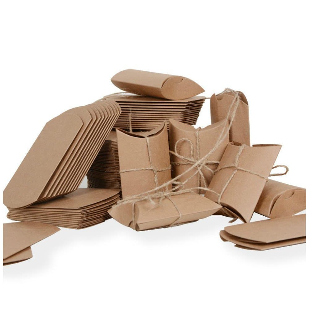 100pcs Kraft Paper Pillow Sweets Boxes Vintage Gift Boxes with 2 Rolls Jute Twine for Christmas Party Wedding