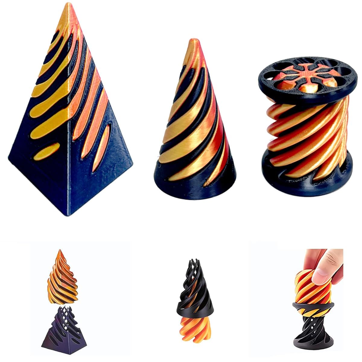 Impossible Cone (3PCS), 3D Printed Spiral Cone Fidget Toy, Impossible Pyramid Passthrough Sculpture, Mini Stress Relief Desktop Decorations Toy For Kids Adult Gift - Gold