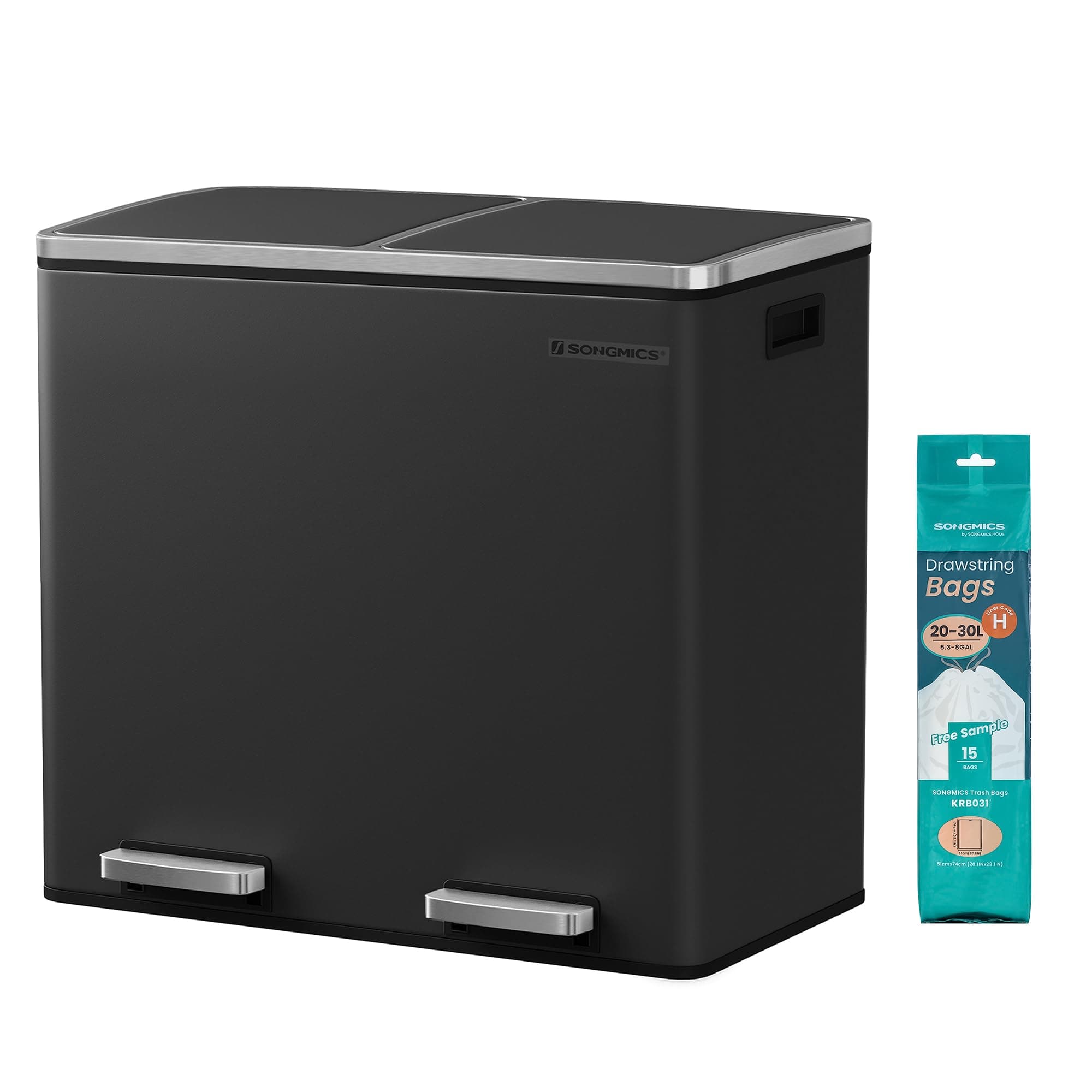 SONGMICS Dual Rubbish Bin, Metal Recycling Bin with 15 Rubbish Bags, 2-Compartment, with Lids, Pedals, Plastic Inner Buckets, Soft Closure, 2 x 6.3 Gallons (2 x 24 L), Black LTB48BK