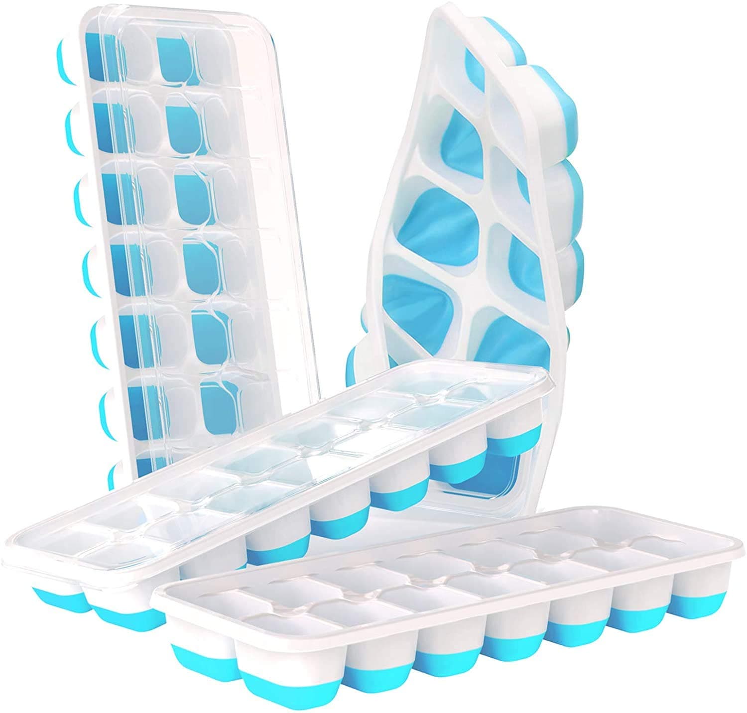 Coolbaby Ice Cube Trays 4 Pack, Easy Release Silicone & Flexible 14 Ice Cube Trays With Spill Resistant Removable Lid, For Cocktail, Freezer, Stackable Ice Trays With Coversblue), Yly2005-1