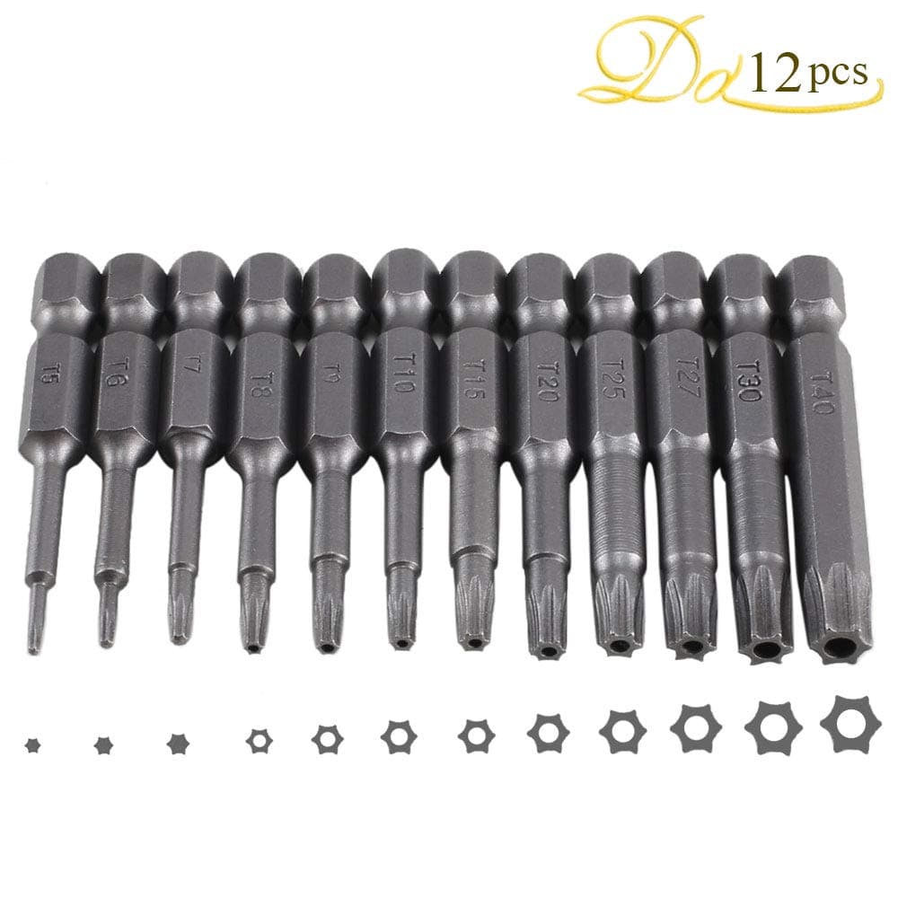 Dayree 12pcs Torx Screwdriver Bits with 50 mm 1/4 Inch Hex Shank T5-T40 Magnetic Security Screw Driver Drill Bit Set