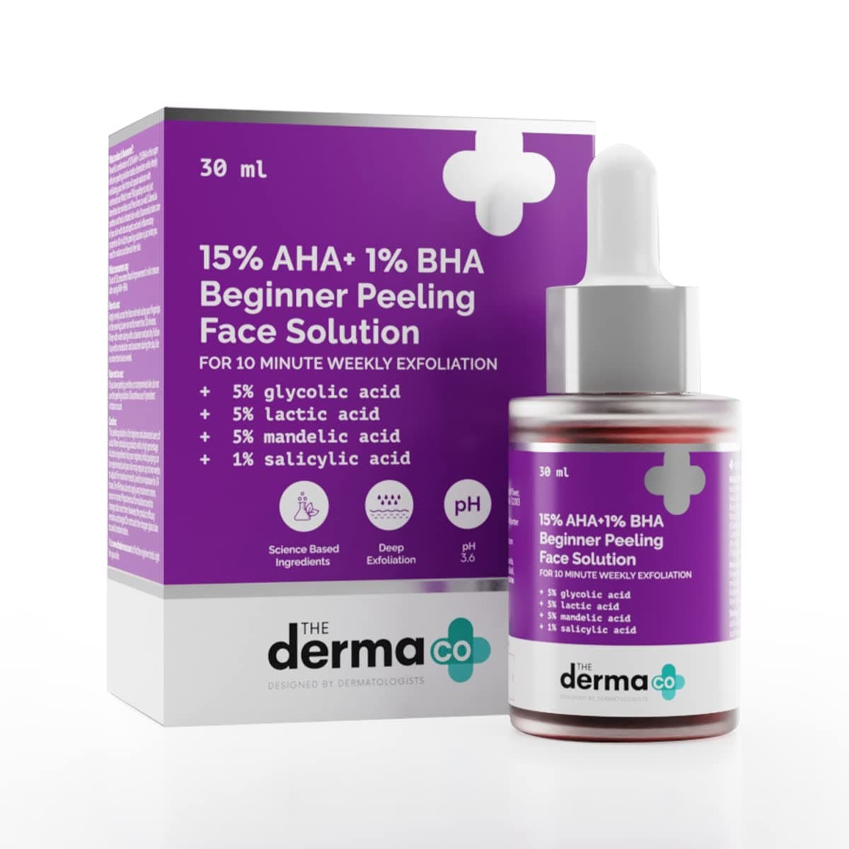 The Derma Co Beginner Face Peeling Solution with 15% AHA, 1% BHA With Glycolic, Lactic, Mandelic & Salicylic Acids | Refines Texture, Brightens Skin, Minimizes Pores & Boosts Radiance, 30ml