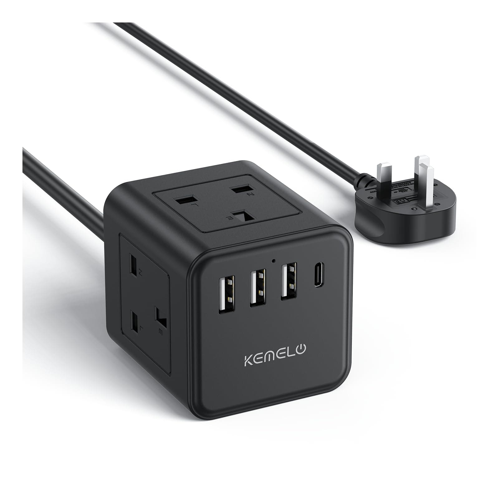 3M Extension Kemelo 4 Way (13A/3250W) Plug Socket with 3 USB & 1 USB C, Child Safety Power Strip for Home Desk Office