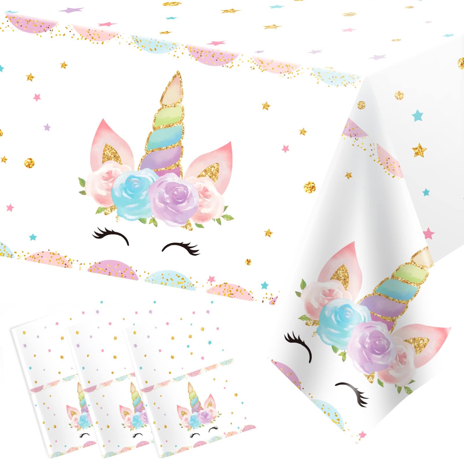 3PCS Unicorns Tablecloths for Birthday Decoration, Plastic Disposable Rectangle Table Covers for Kids Girls Baby Shower Party Supplies, 54" x 108"