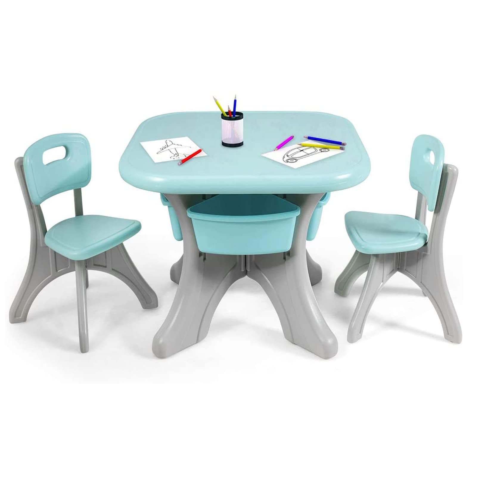 Kids Table and Chair Set - 3 Piece Activity Table With 2 Chairs and Storage Bins, Children Art Crafts Desk, Playroom Plastic Furniture for Toddlers