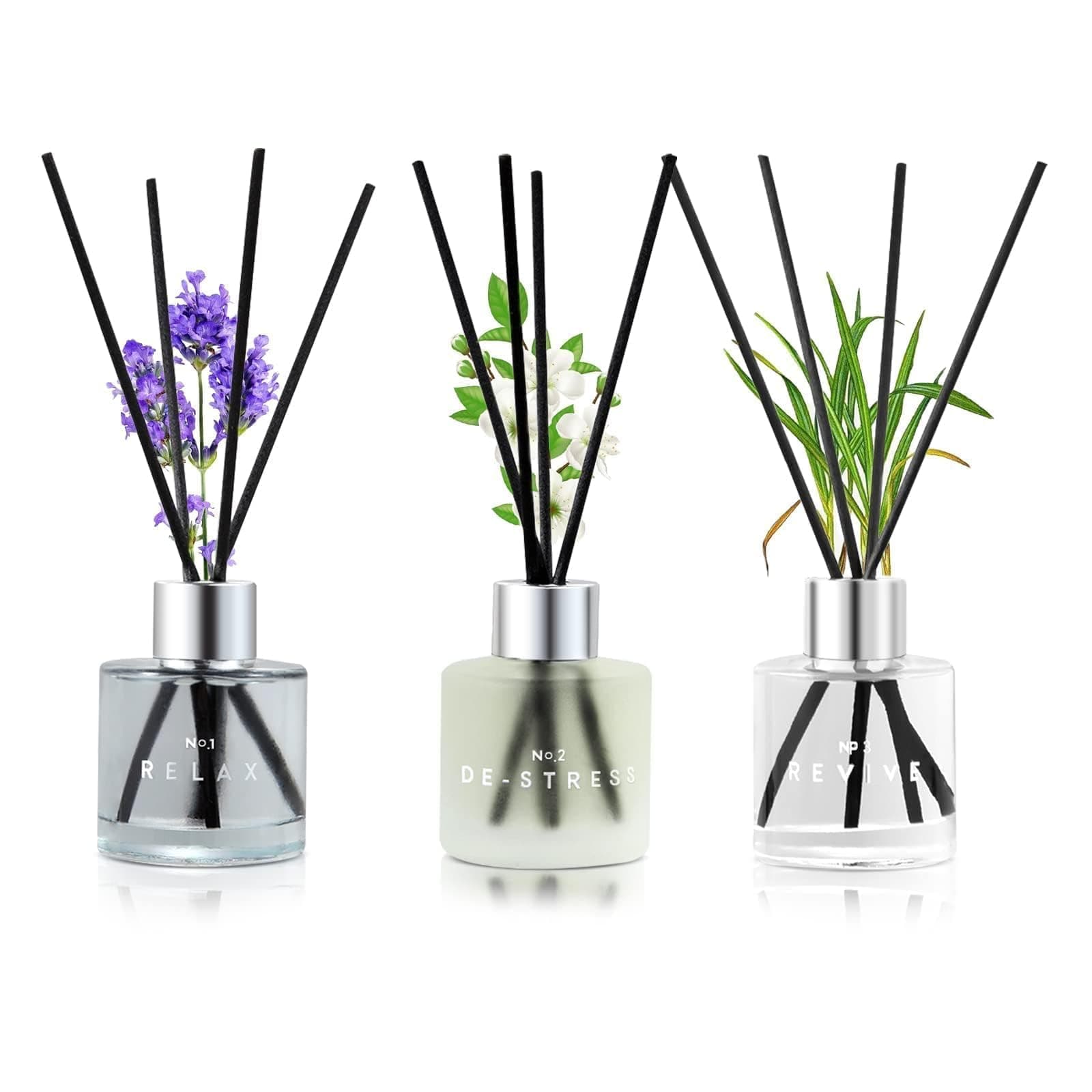3 Pack Fragrance Diffuser 50ml Lavender Jasmine Citronella Set with 12 Black Fiber Sticks Air Freshener for Bedroom Bathroom Office 20 x 16 x 5.3cm