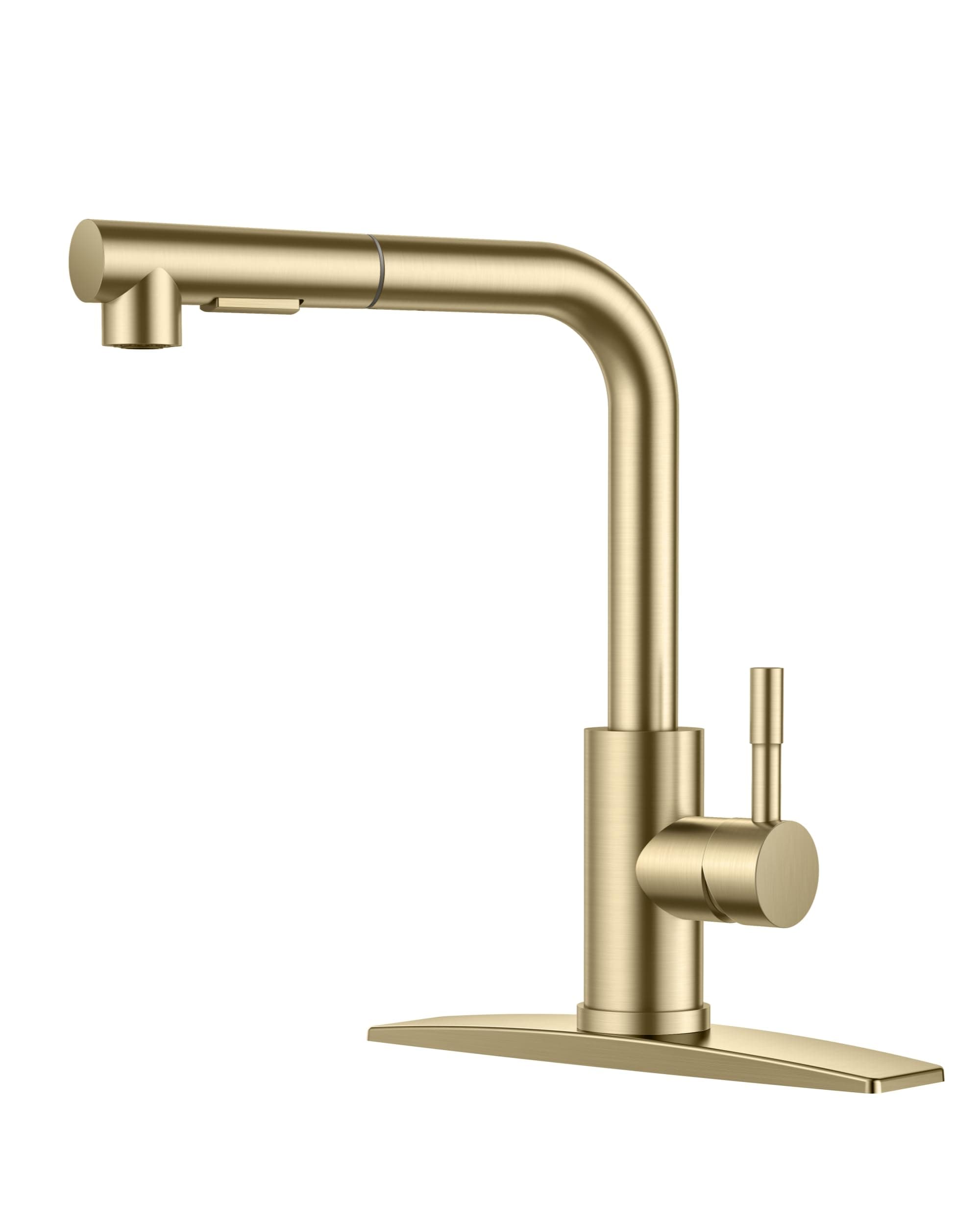 Gold Kitchen Faucet with Pull Down Sprayer, Stainless Steel Single Handle Classic Pull Out Sink Faucet for Farmhouse Laundry RV Bar, with Deck Plate for 1 or 3 Holes