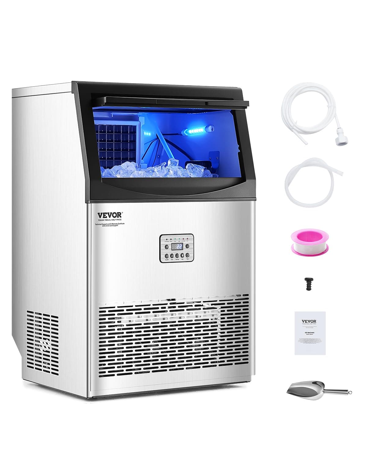 VEVOR Commercial Ice Maker Machine, 90lbs/24H Ice Maker Machine with 33lbs Storage Capacity, 50 Ice Cubes in 15 Minutes, LED Digital Display Freestanding Self-Cleaning for Bar Office Restaurant