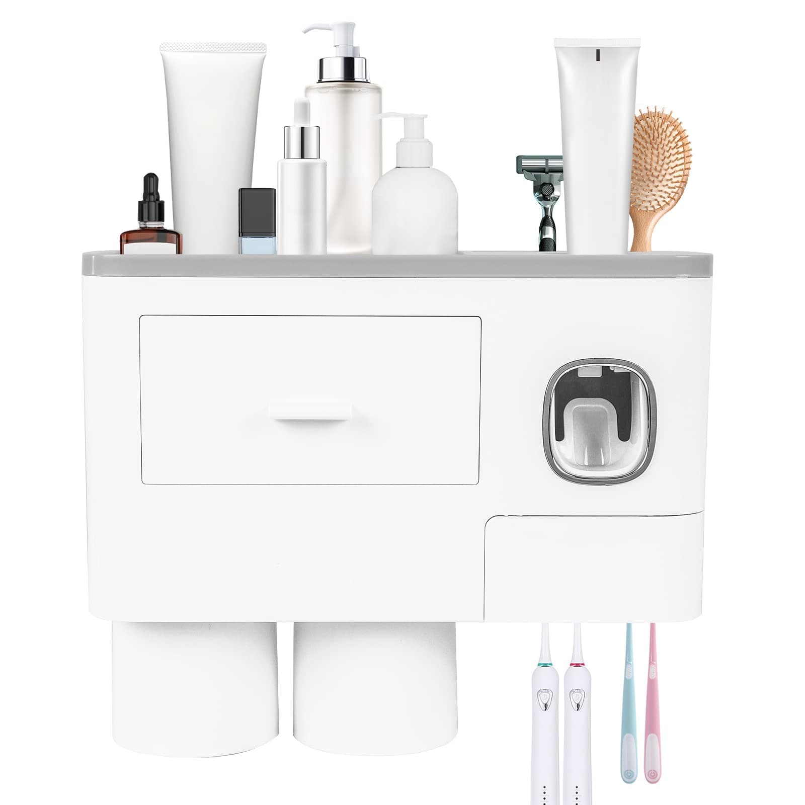 SKY-TOUCH 2 Cups Wall Mounted Toothbrush Holder, Multifunctional Space-Saving Toothbrush and Toothpaste Holder with Drawer for Cosmetics Organizer for Washroom and Bathroom