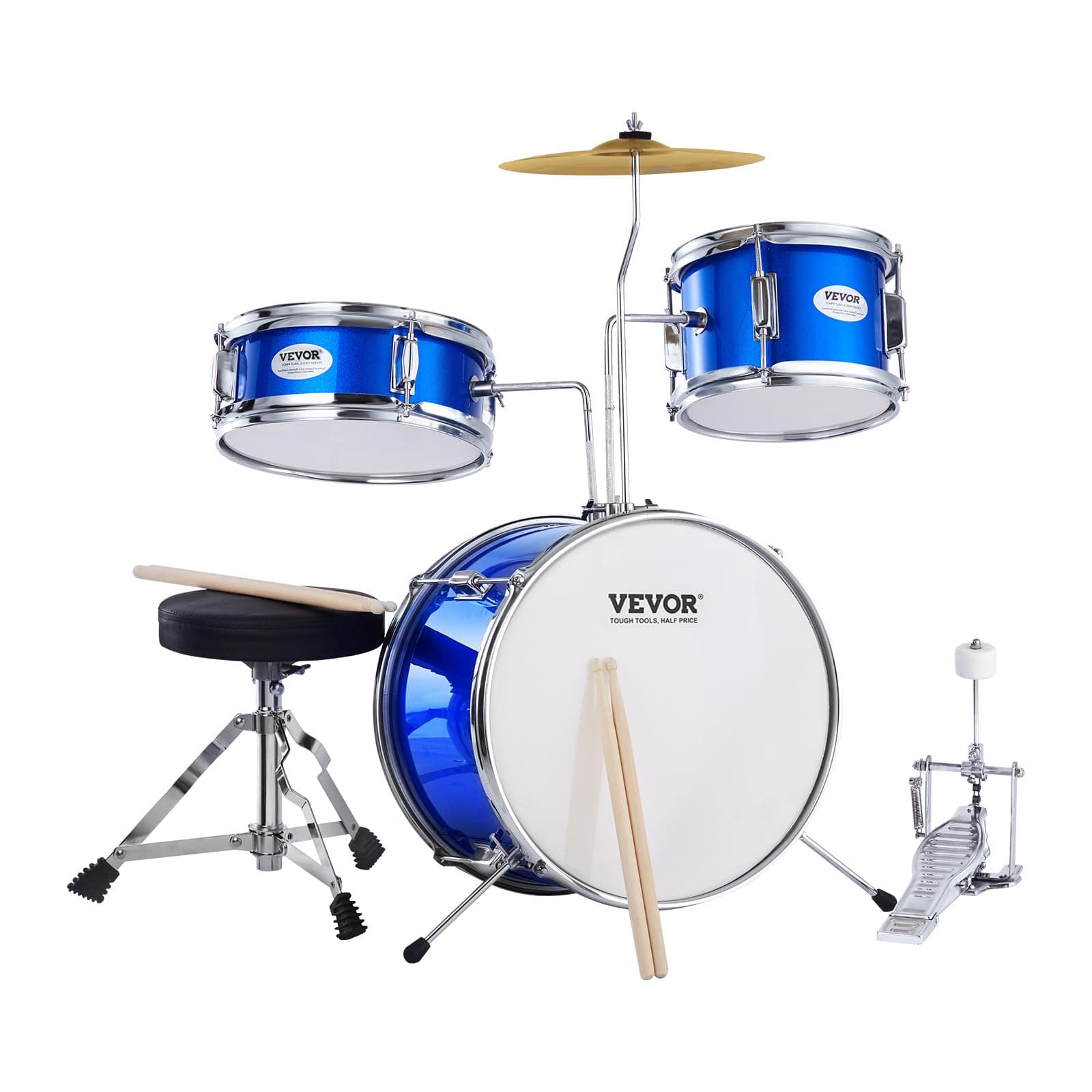 VEVOR Kids Drum Set, 3-Piece 14'' Beginner Drum Sets Junior Drums Set with Adjustable Throne, Two Pairs of Drumsticks, Cymbal, Pedal, Tom Snare Bass, Starter Drum Kit for Children Age 6-13