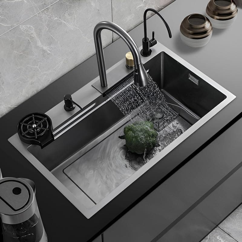 Hardstone 304 Grade Multifunction Kitchen Sink 24 x 18 x 9 with Anti Scratch Honeycomb Design, Integrated Waterfall & Pull-Out Faucet Set Stainless Steel Sink with Cup Washer and Drain Baskets