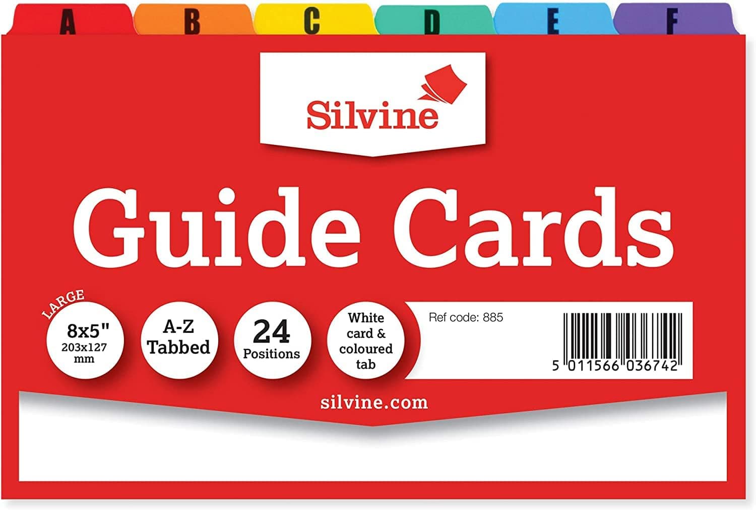 Silvine 8x5 Guide Cards in Plain White, Tabbed A-Z. Ref 885 (203 x 127mm)