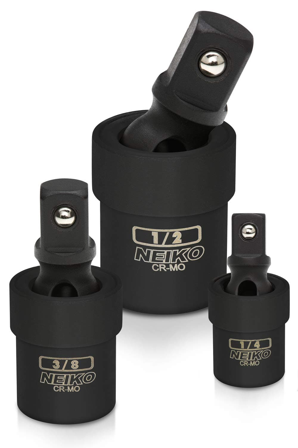 NEIKO 3-Piece Impact Universal Joint-Socket Swivel Set, Socket Extension Set Made from Cr-Mo Steel, Black, 1/4", "3/8", "1/2-Inch Sockets