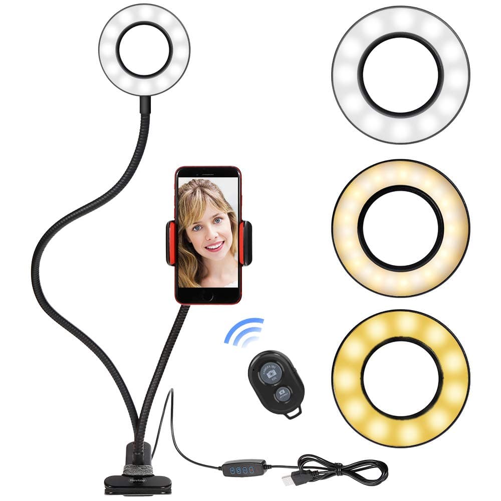 Selfie Ring Light Cellphone Holder - Rovtop Ring Light Stand Live Stream Makeup, 3 Light Modes 10-Level Brightness 360 Rotating for iPhone Android Cell Phone, Black with Remote