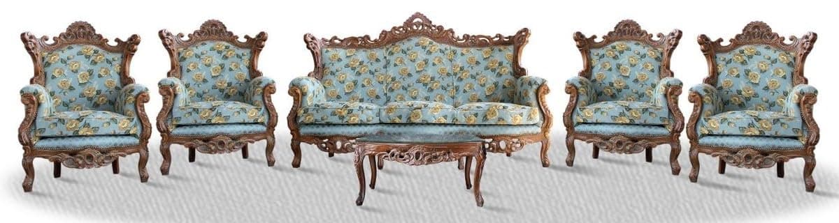 Casa Padrino baroque sofa set 3 seat sofa 4 armchairs and table with glass top - Antique Sofa Set