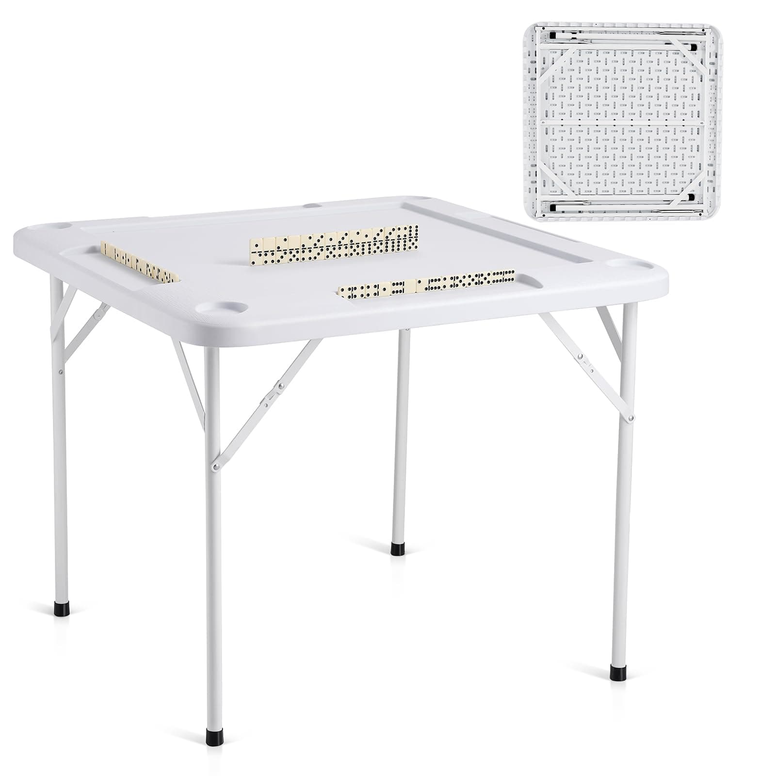 VEVOR Mahjong Table, Square 4 Player Folding Card Table with 4 Cup Holders & 4 Chip Trays, Portable Domino Game Table with 1 Set of Dominoes for Mahjong Poker Puzzles, 35.4 x 35.4-inch, White