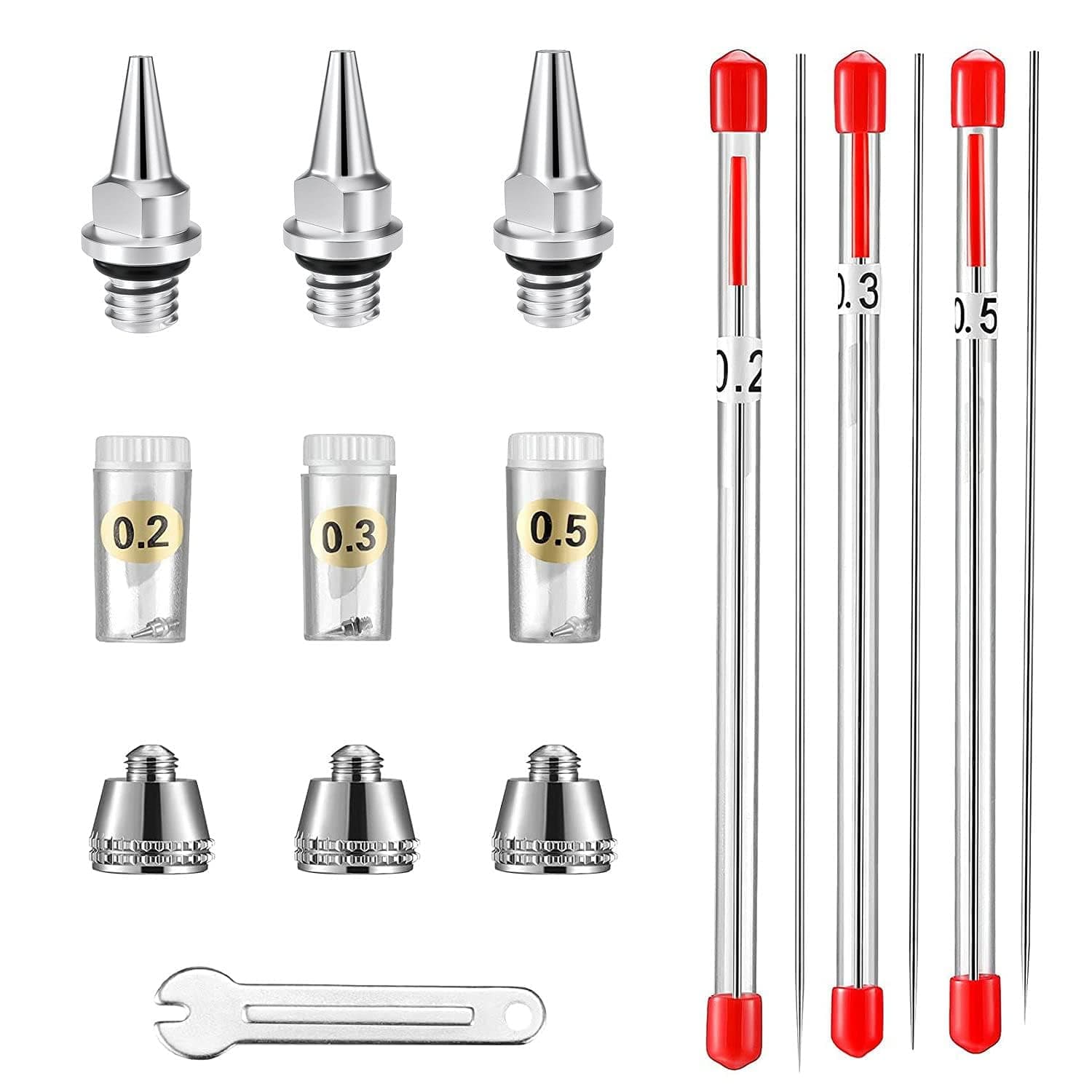 10PCS Airbrush Replacement Parts Kit (0.2mm/0.3mm/0.5mm) – Nozzles, Needles & Caps Maintenance Set with Wrench – Compatible with Standard Dual-Action Gravity Feed Airbrush Guns
