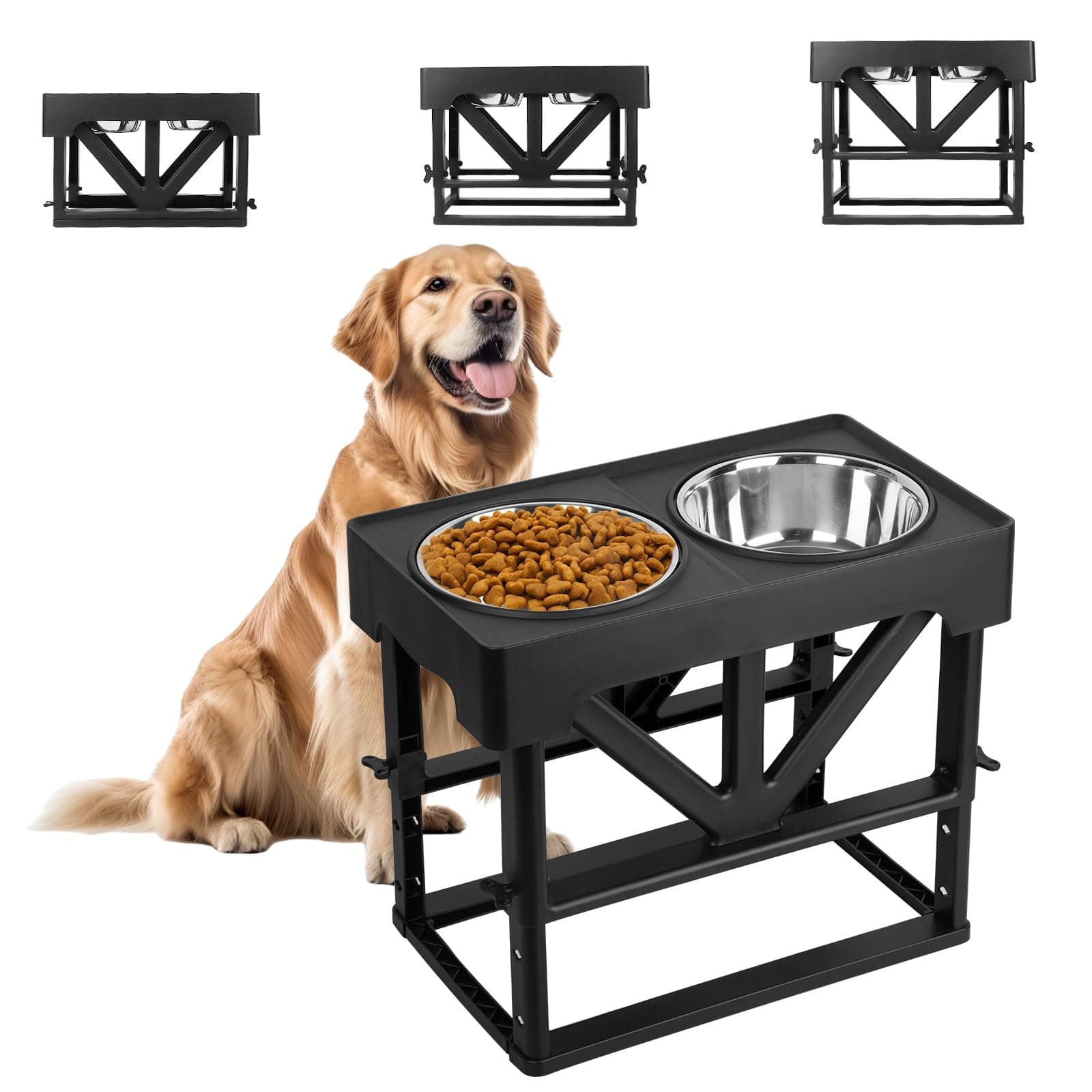 Adjustable Elevated Dog Bowl Large Dog Bowl Rack, 2* Large Stainless Steel Dog Bowls, Removable Double Bowl Rack Anti-slip and Splash Resistant Elevated Pet Feeder for Small, Medium and Large Pets