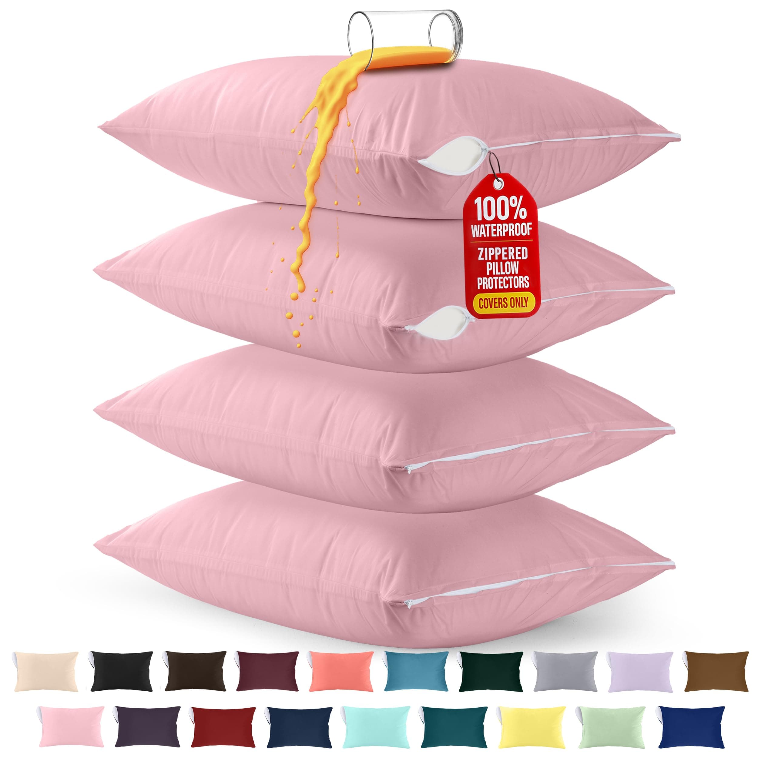 Utopia Bedding 4 Pack Waterproof Pillow Protectors with Zipper King Size (Pink), Bed Bug and Dust Mite Proof Pillow case Covers, Moisture Wicking Pillow Encasements 20 x 38 Inches