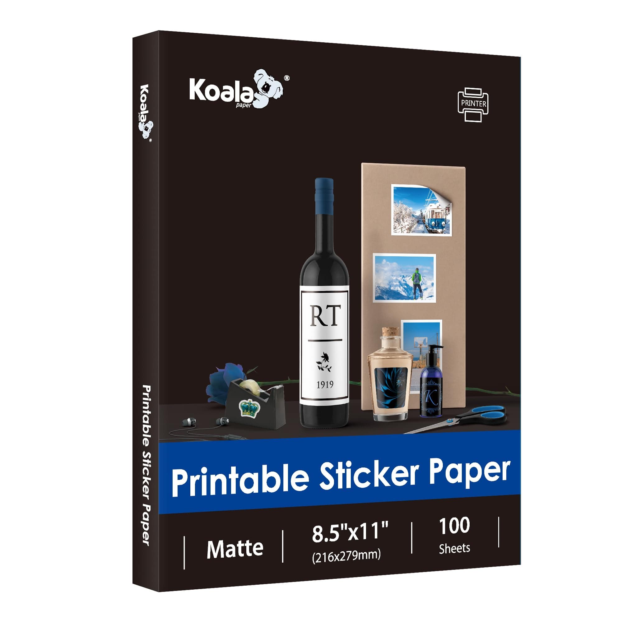 Koala Matte White Sticker Paper, 100 Sheets, 8.5 x 11 Inches, Printable Full Sheet Label Paper for Inkjet Printers