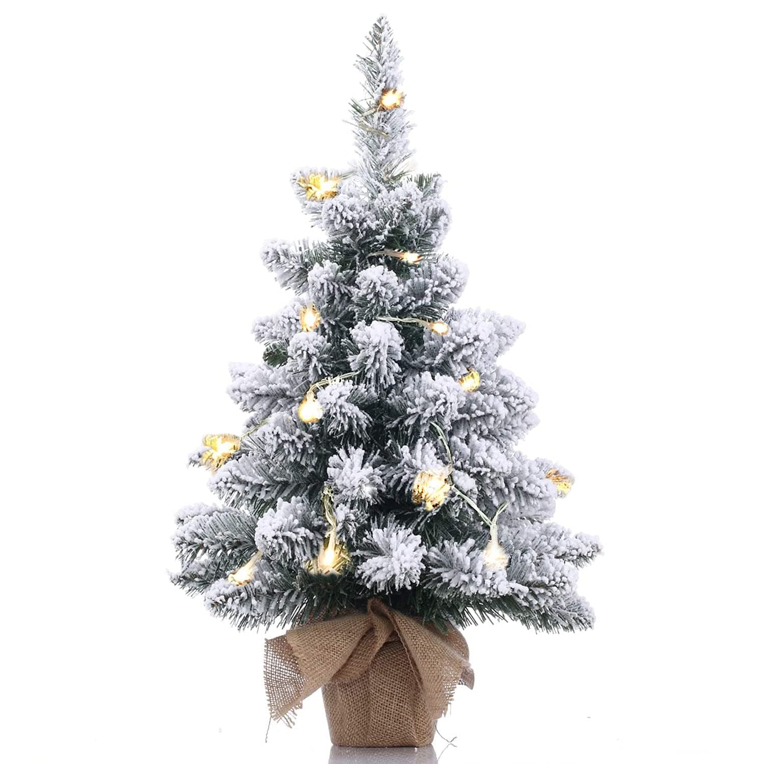 Pre-Lit Artificial Mini Christmas Tree,20 Inch Snow Flocked Small Pine Xmas Tree with 40 LED Lights,70 Branch Tips,Battery Operated Tabletop Christmas Tree Burlap Base-(50cm)