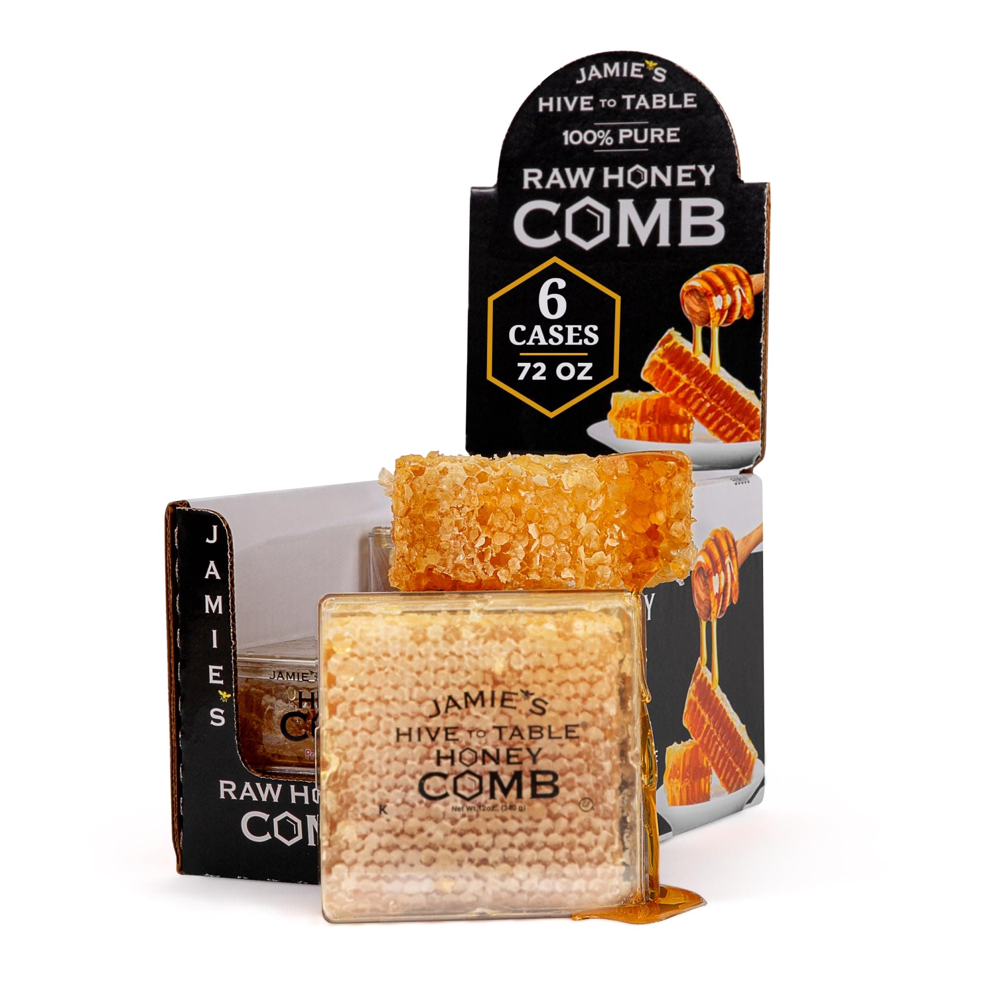 Jamie's Hive To Table 100% Raw Honeycomb, 72 Oz (Pack of 6) – All-Natural Pure Georgia Honeycomb – Fresh Georgia Honeycomb with Bee Pollen and Propolis, No Additives or Preservatives, Non-GMO