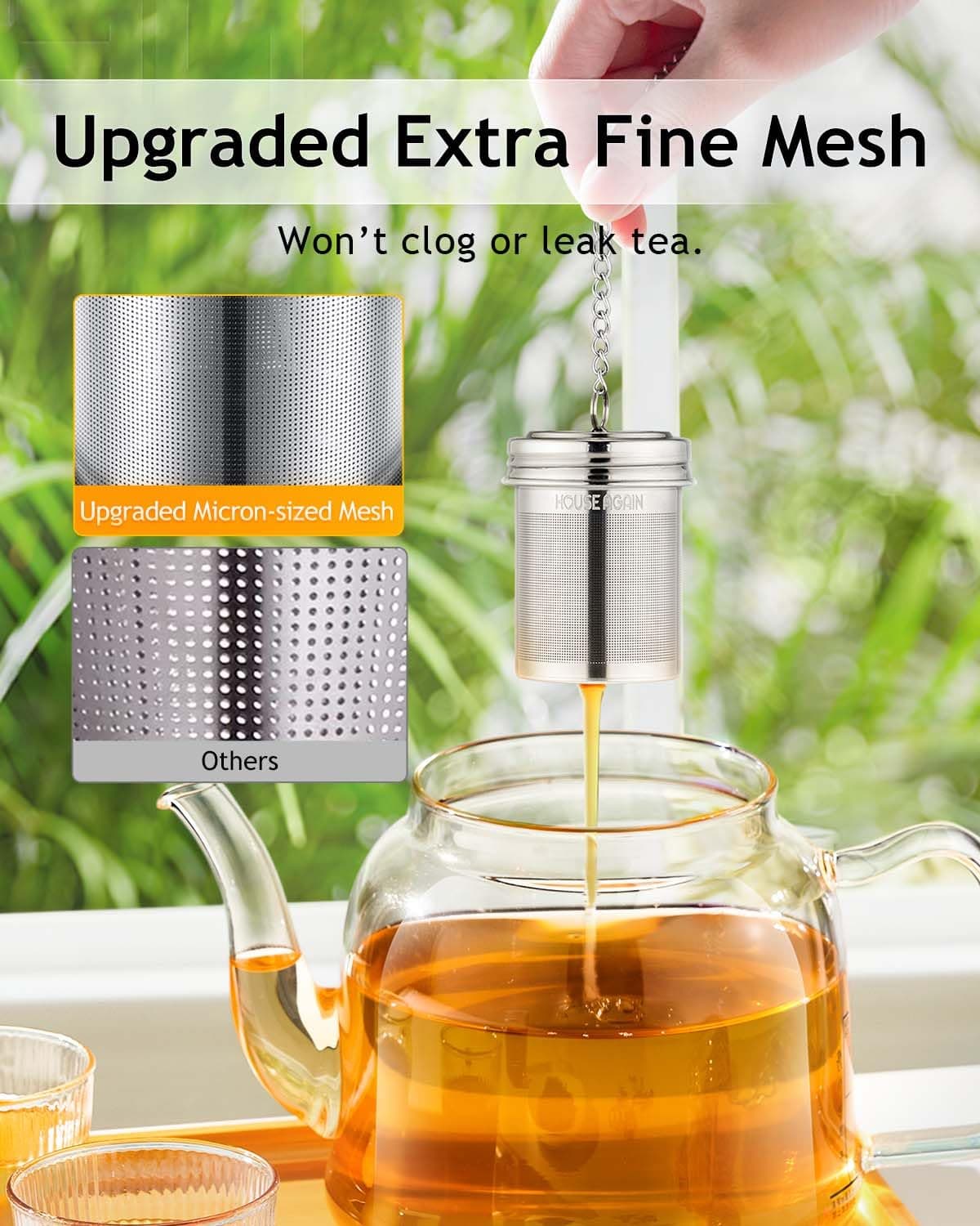 House Again 2 Pack Tea Infuser by, Extra Fine Mesh Tea Ball Threaded Connection 18/8 Stainless Steel with Extended Chain Hook for Hanging on Teapots Mugs Cups to Brew Loose Leaf Tea