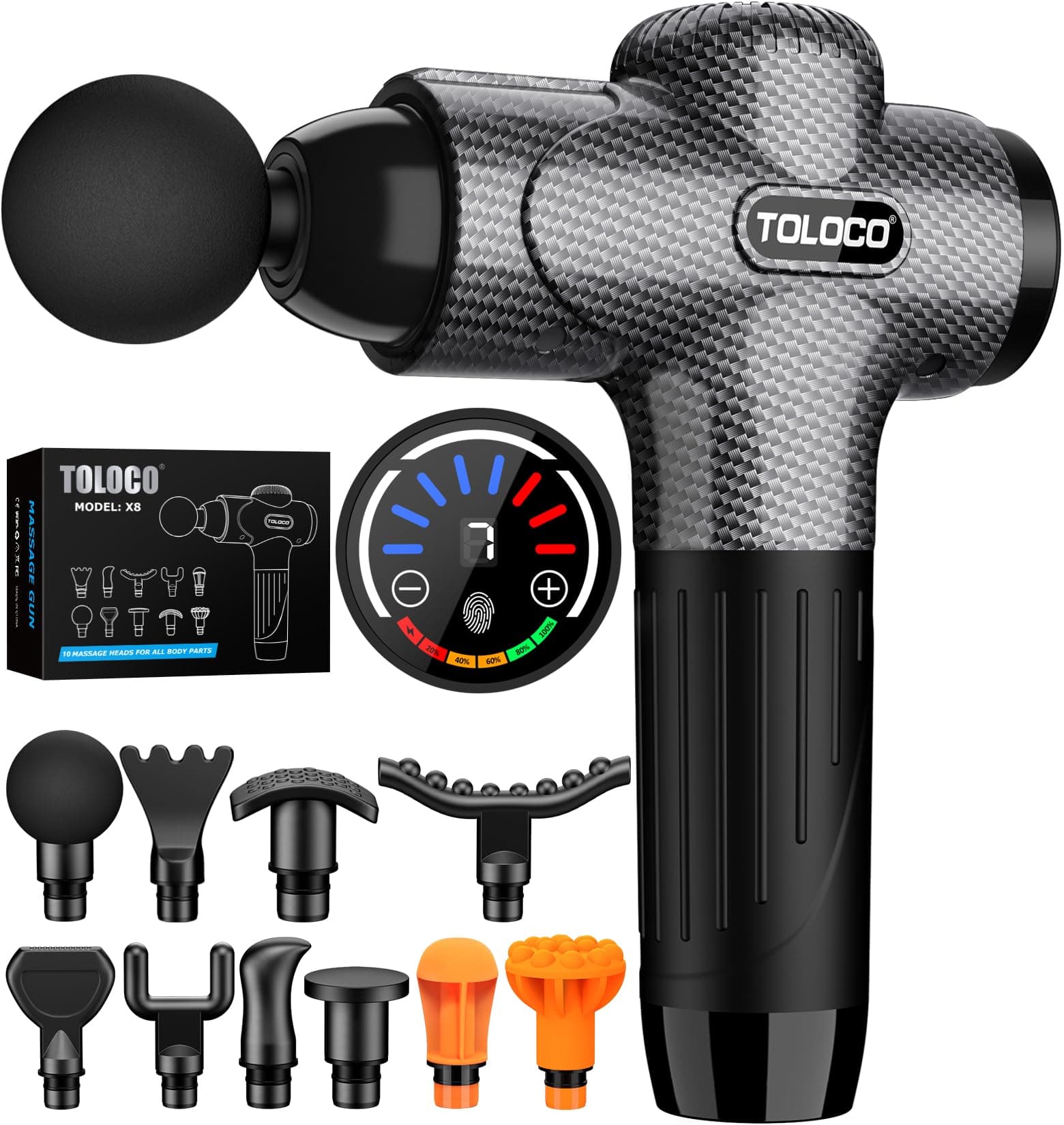 TOLOCO Massage Gun, Upgrade Deep Tissue Back Massager with 10 Replacement Heads, Percussion Massage Guns for Athletes for Pain Relief, Super Quiet Electric Massager for Treatment, Relax, Carbon