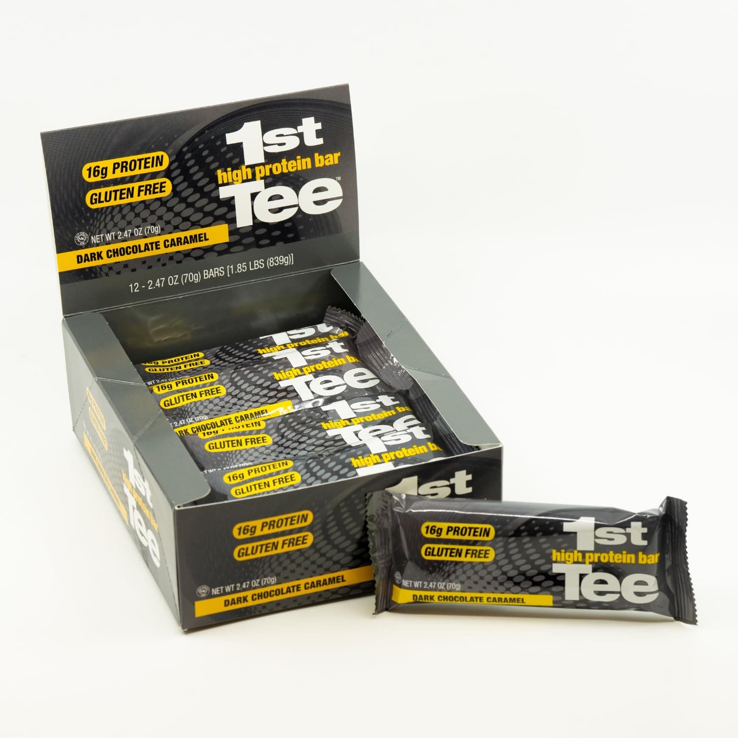 - 1st Tee High Protein Bar 12 Pack Golf Protein Energy Bars | High Protein and Delicious Dark Chocolate Caramel Flavor | Gluten Free Snack Bar| Including 16 grams of Protein and 3 grams of Sugar