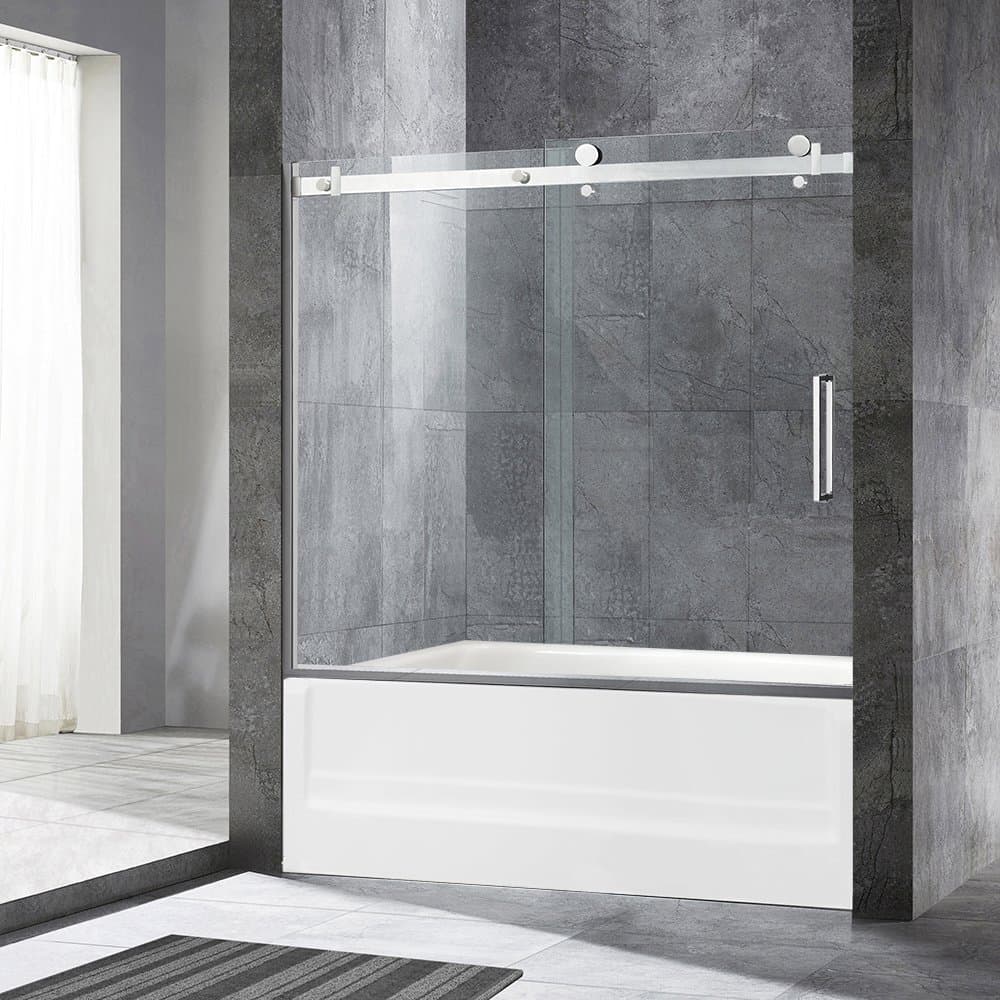 WoodbridgeBath Frameless Sliding Shower, 56"-60" Width, 62" Height, 5/16" inch Clear Tempered Glass, Brushed Nickel Finish, MSDF6062-B, 60"x62" B/N Tub 3
