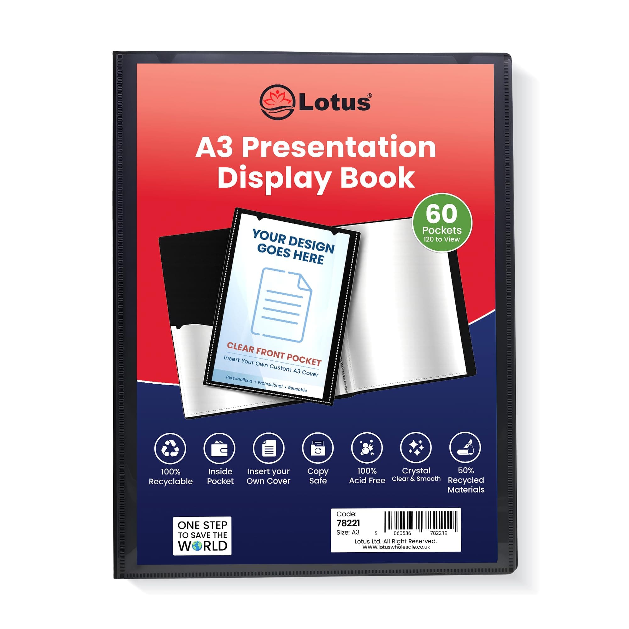 Lotus A3 Display Book-Premium Black 60-Pocket Presentation Folder for Professionals,Business, Students, Projects, School, Colleges & Office Organization-Enhance Your Document Management-78221(1 Book)