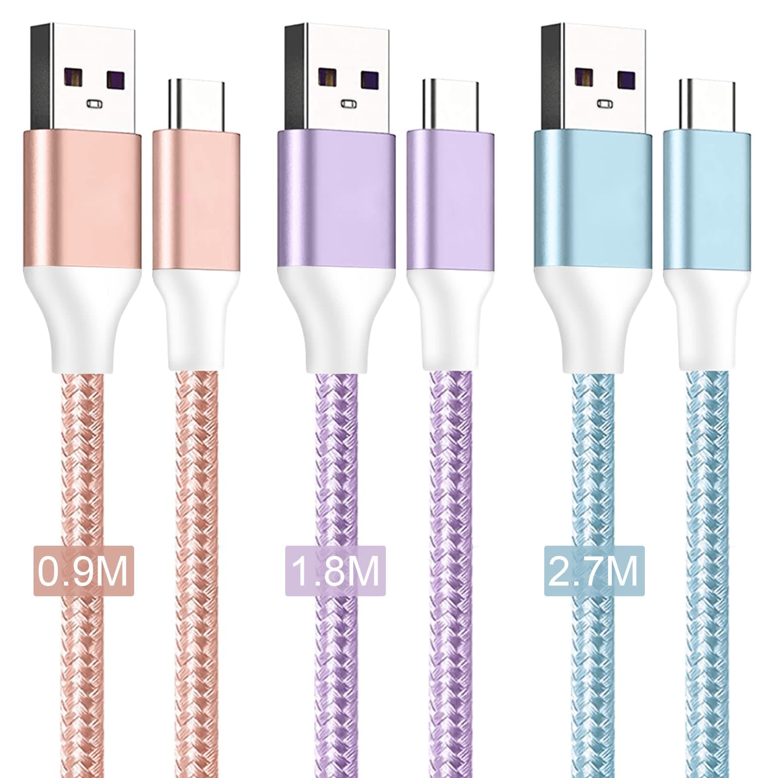 MAIMEITE3-Pack USB C Charger Cable, 0.9M/1.8M/2.7M 3A Fast Type Braided Compatible for Galaxy S10 S9 S8 S20 S21 S22 A03s A12/13 A21s/22/20 A32 Note 20, Google Pixel, Oneplus, HUAWEI, iPad