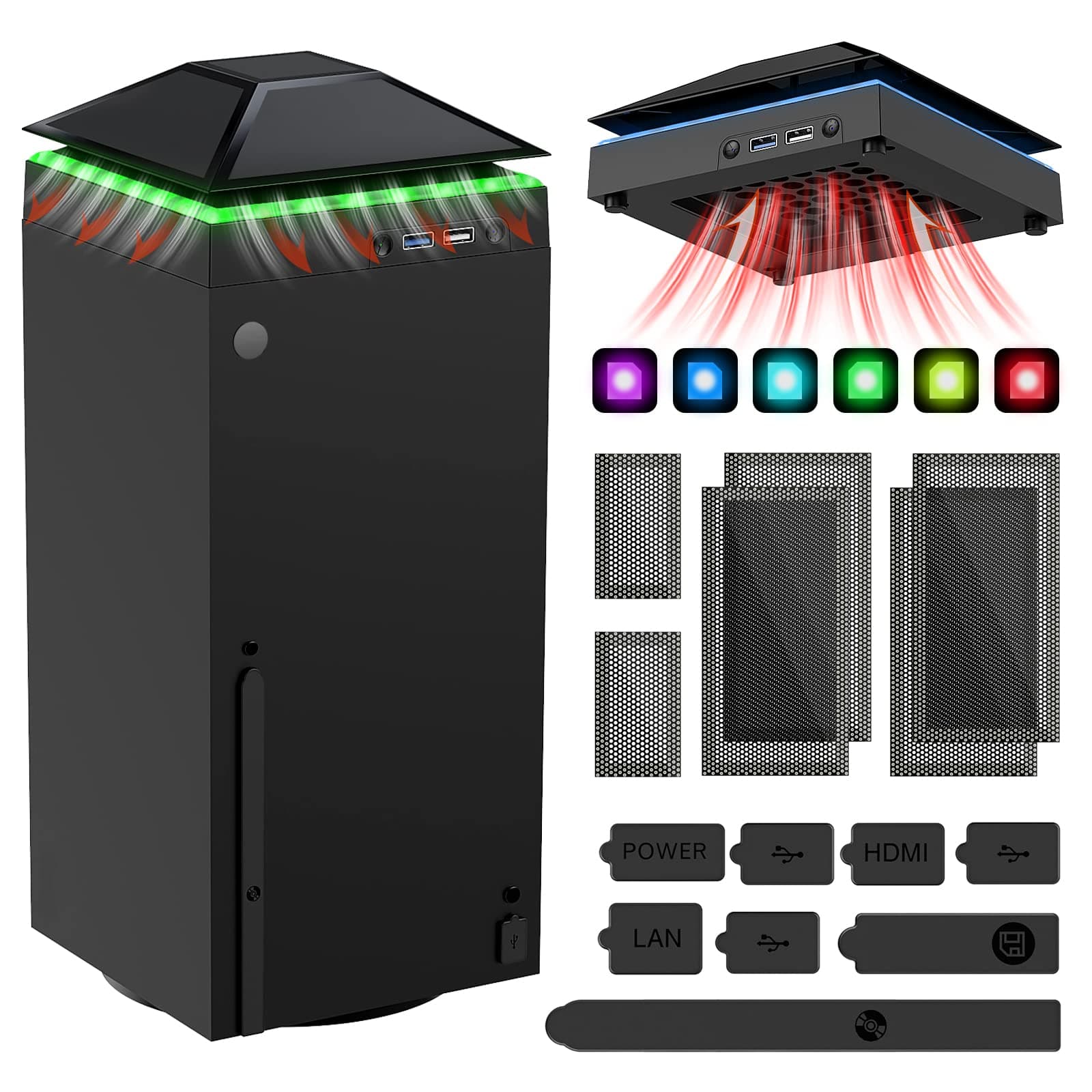 MENEEA Cooling Fan Dust Proof for Xbox Series X Console with Colorful Light Strip,Dust Cover Filter,Rubber Dust Plugs,Low Noise Top Fan with 3 Gears,Cooler&Light Independent Touch Switch, 2 USB Port