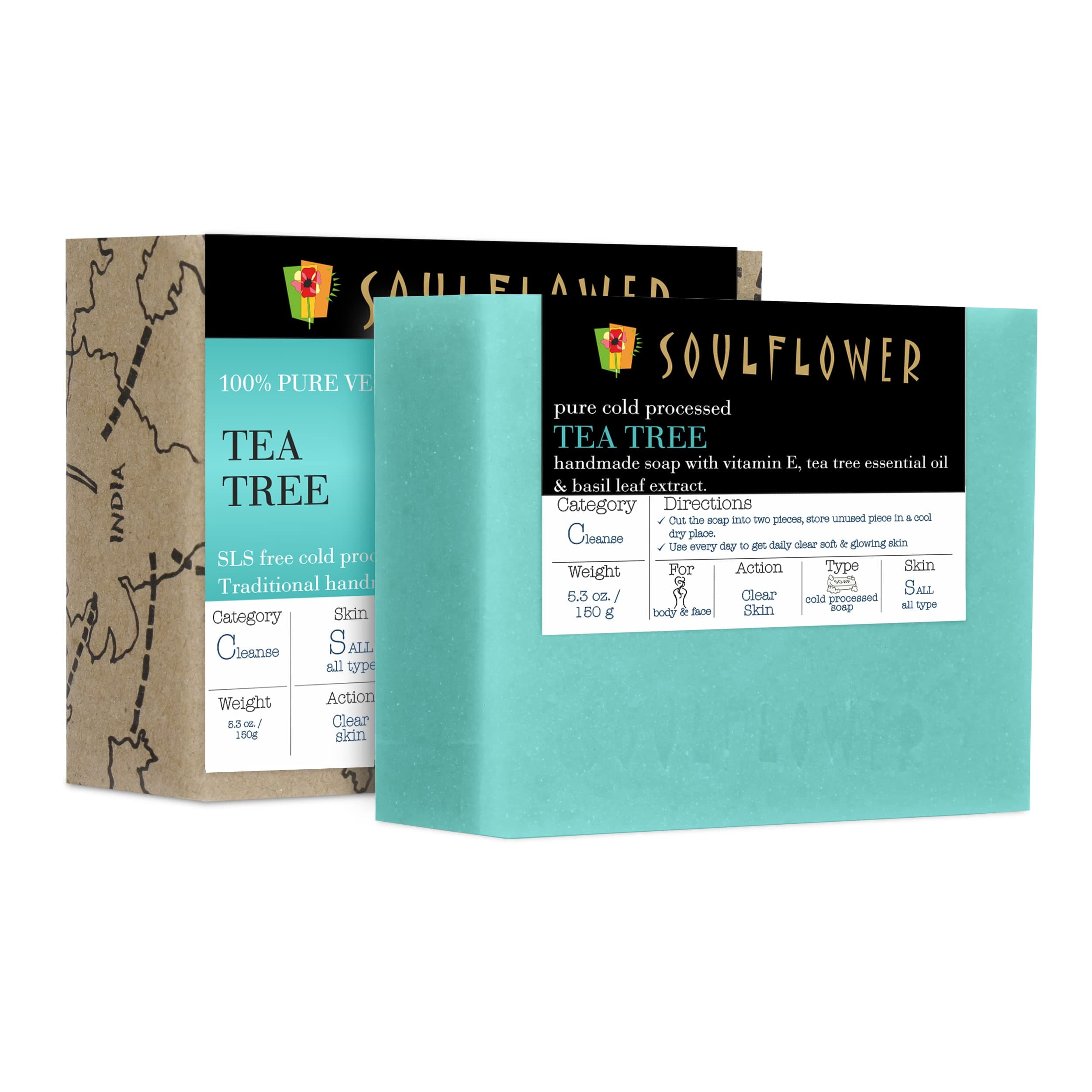 Soulflower Organic Tea Tree Handmade Soap Bar, Enriched With Tea Tree Essential Oil, 100% Pure, Cold Processed, Vegan, Preservative Free, 150g / 5.3 Oz
