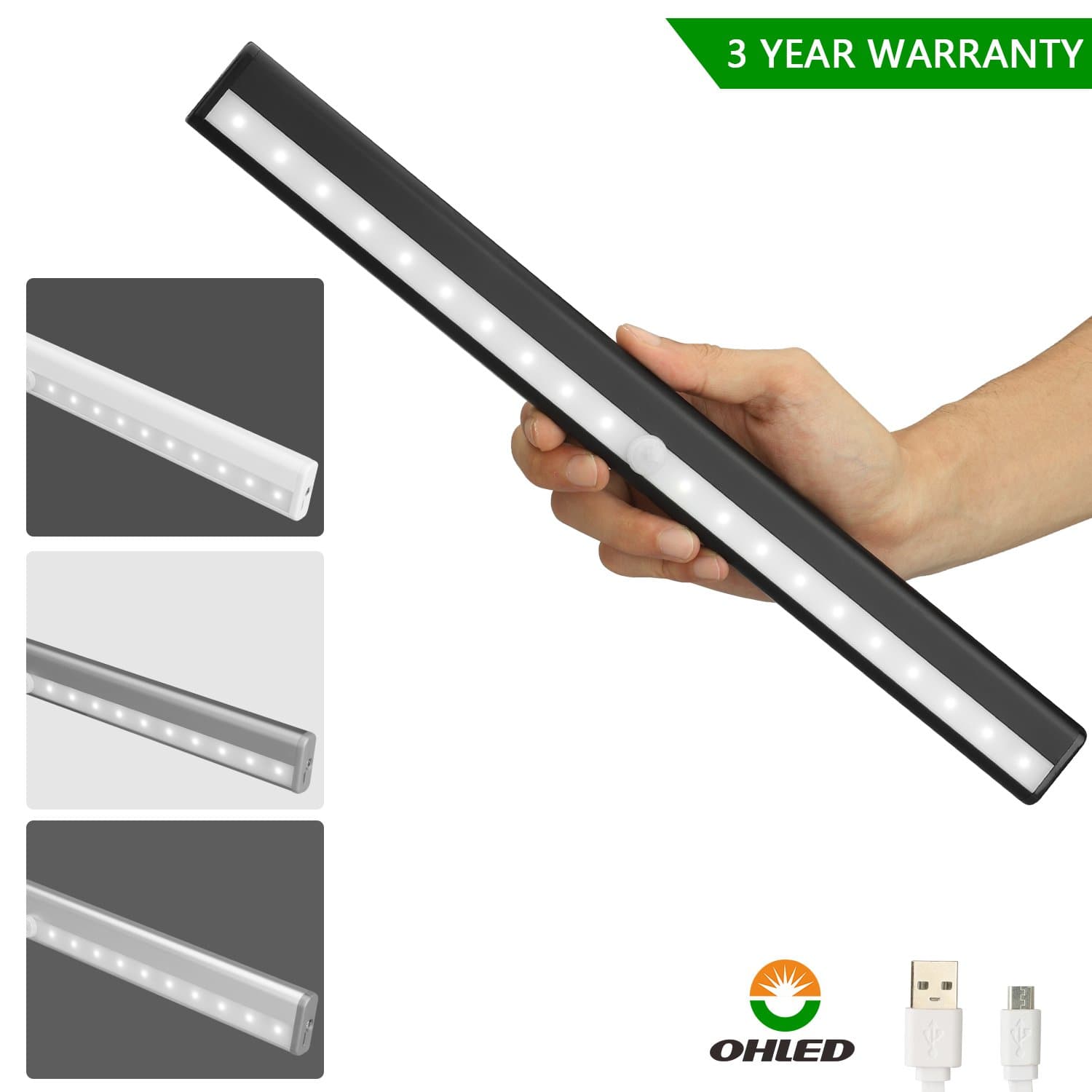 20 LED Rechargeable Motion Detector Night Light –Highly Portable Led Lights for Cabinet, Wardrobe, Stairs, Hallway, Bathroom – With Long Lasting Battery, Stick-on Anywhere (Black polished)