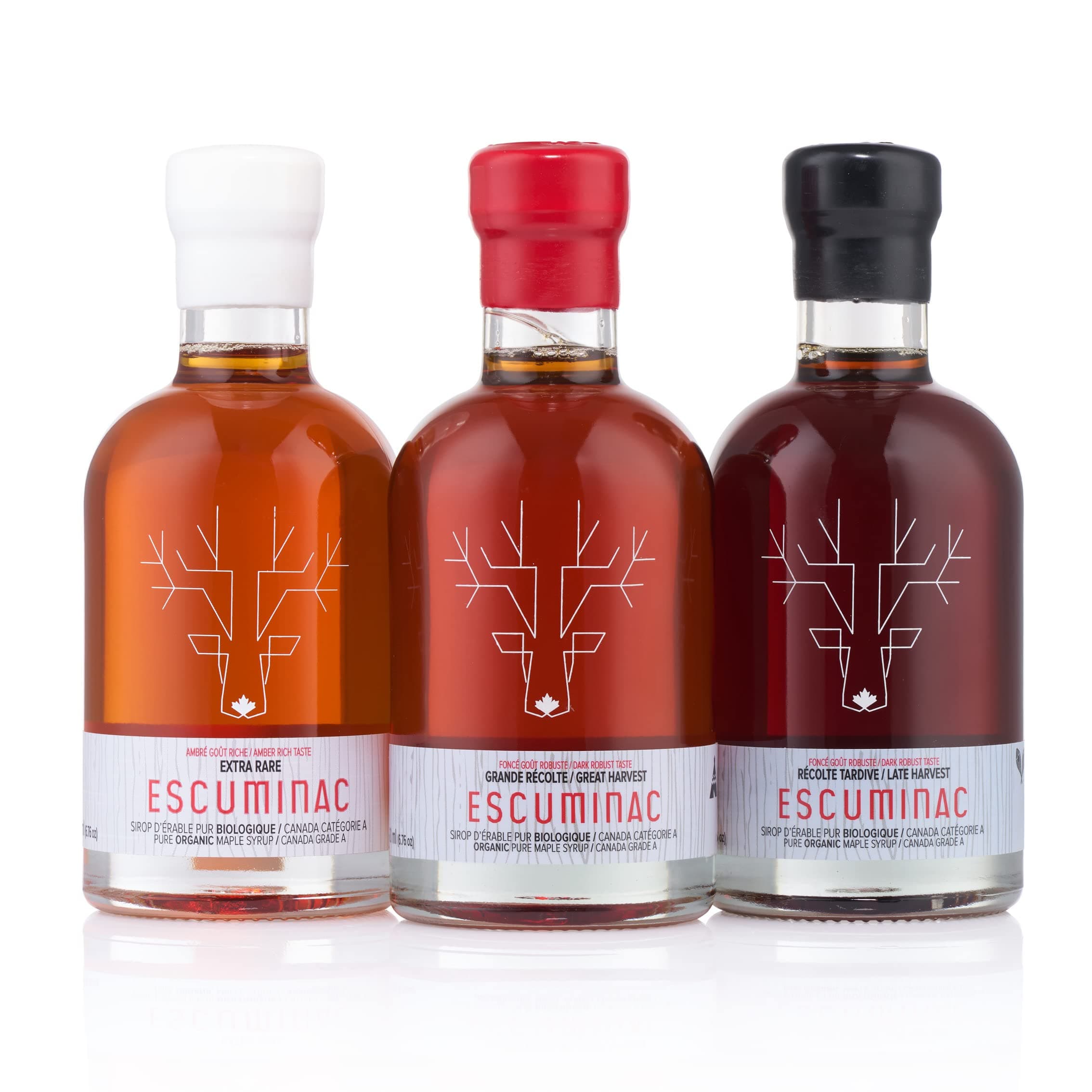 Escuminac Maple Syrup, Trio – Amber, Medium, and Dark Harvests, Certified Organic, Single Origin from Canada – 3 x 200 ml Glass Bottles