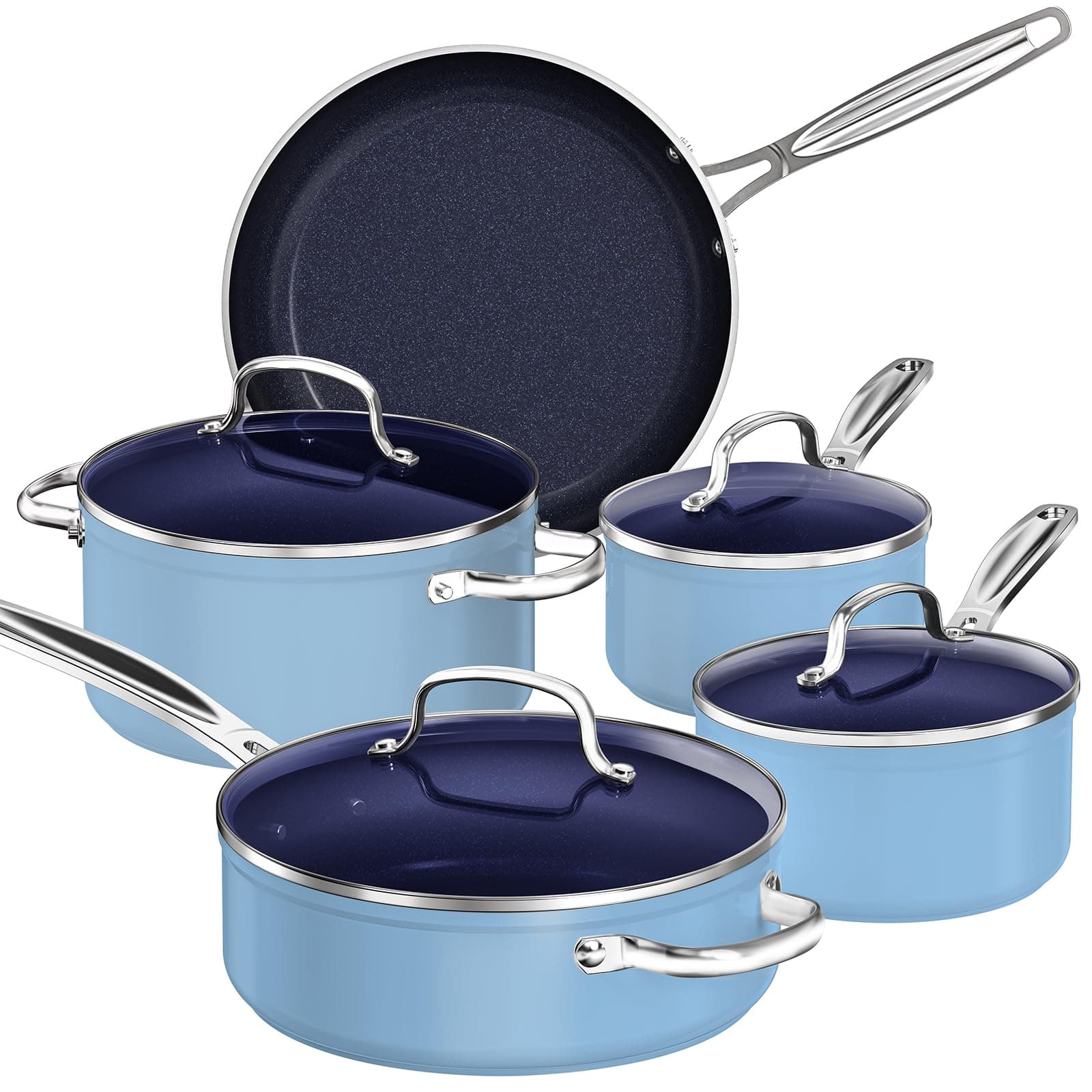 Nuwave9pc Cookware Set Healthy Duralon Blue Ceramic Nonstick Coated, Diamond Infused Scratch-Resistant, PFAS Free, Oven Safe, Induction Ready & Evenly Heats, Tempered Glass Lids & Stay-Cool Handle