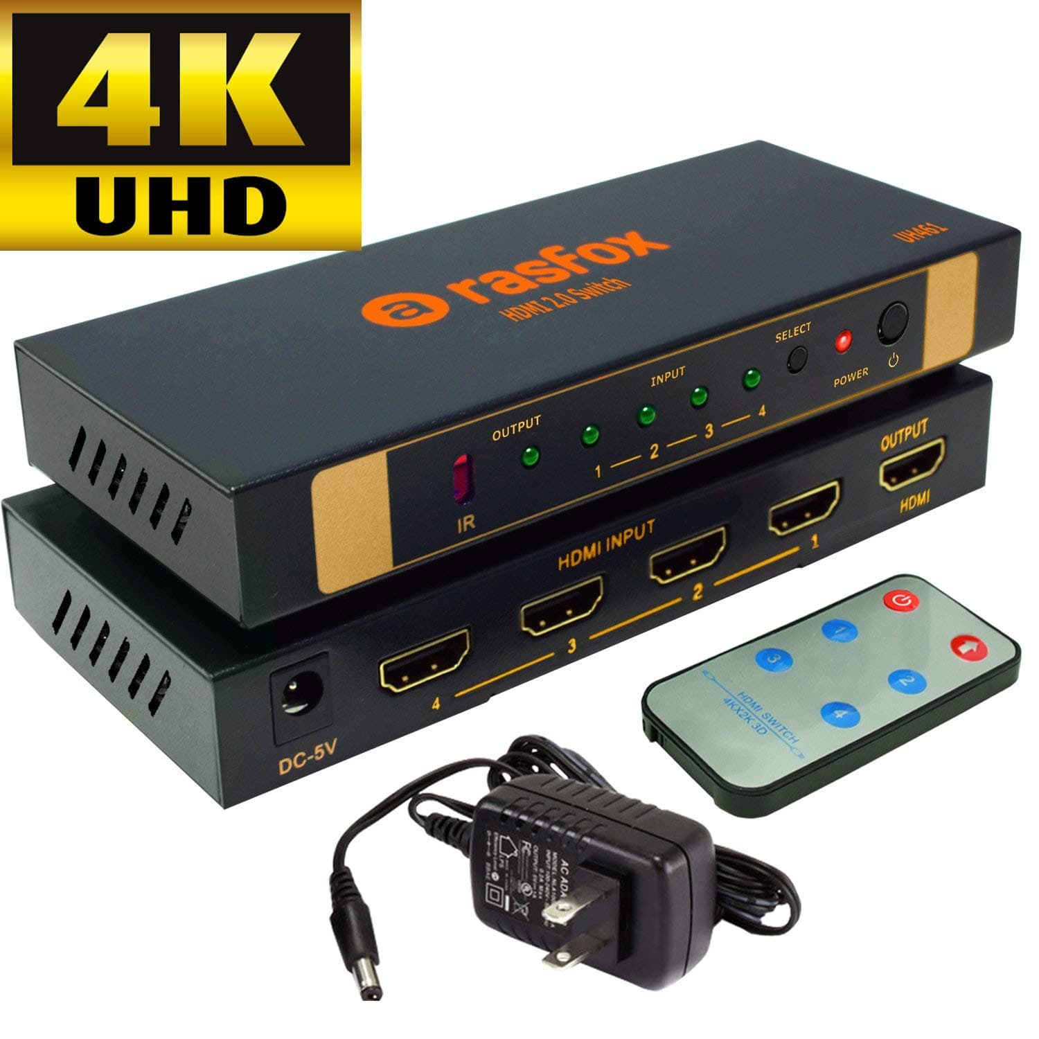 UH461 Powered 4x1 4K 60HZ HDMI Switch Switcher Selector Splitter with IR Remote; HDMI 2.0, HDCP 2.2,HDR 4K UHD 1080P 3D; 4 in 1 Out; Connect 4 HD Devices to 1 HDTV (UHD 4K@60Hz -UH461)