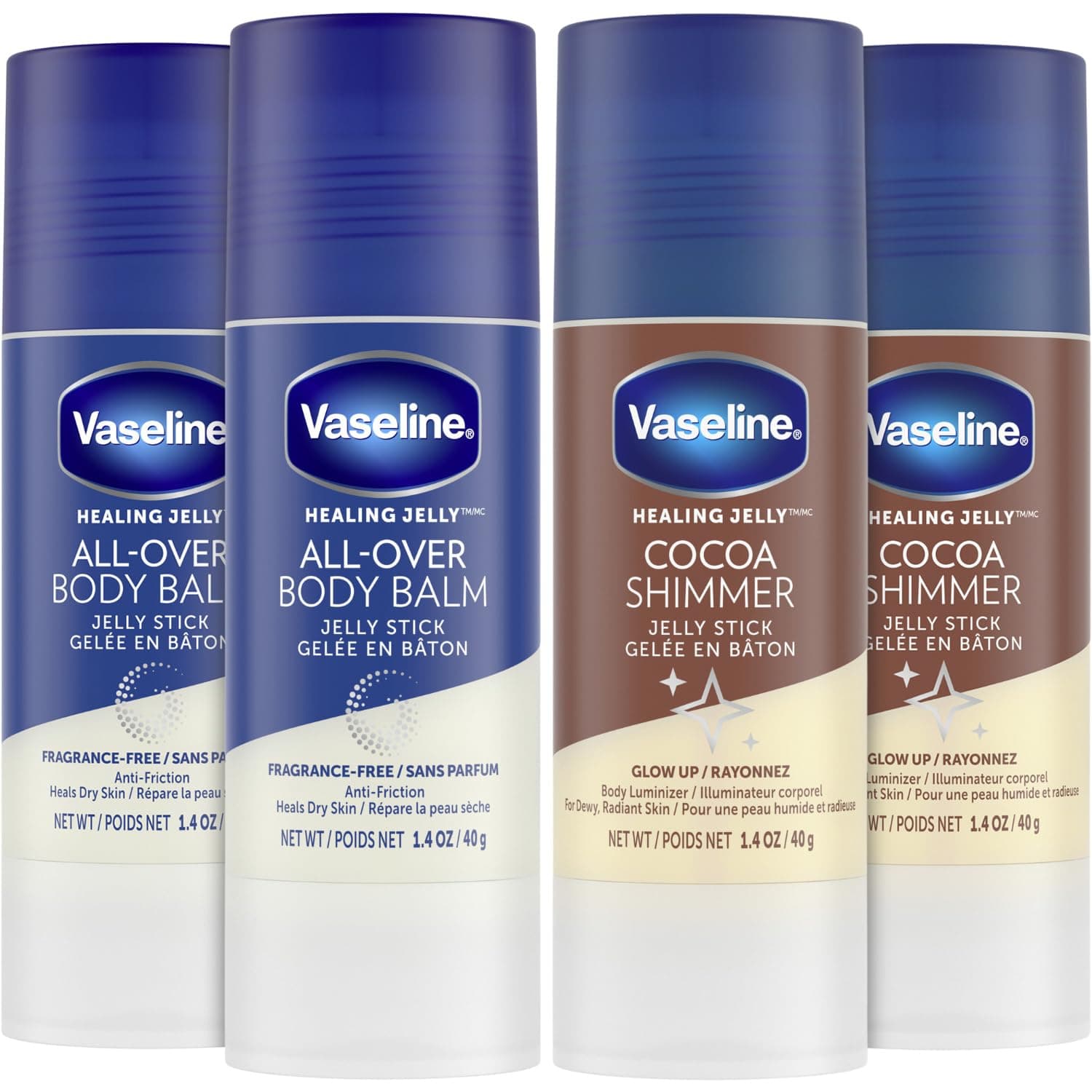 Lotion Bundle, Cocoa Shimmer Jelly Stick Highlighter & Luminizer + All Over Body Balm Stick, Vaseline Cocoa Butter, Body Balm Skin Care Set, Petroleum Jelly for Dry Skin (4 Piece Set)