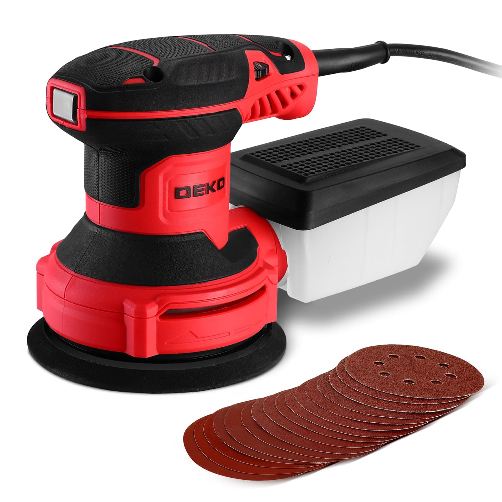 DEKOPRO Random Orbit Sander 300W 2.5A with 16Pcs Sandpapers, 6 Variable Speed 14000RPM, 5 Inches Hand Electric Tool, Dust Removal Function, Fit for Woodworking/Sanding